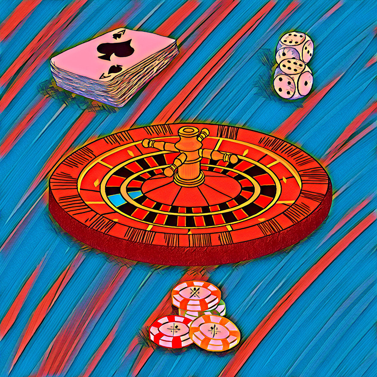 High Roller Blue Pocket Square featuring a hand sketched gambling design with roulette wheel, cards, chips, and dice in vibrant colors.