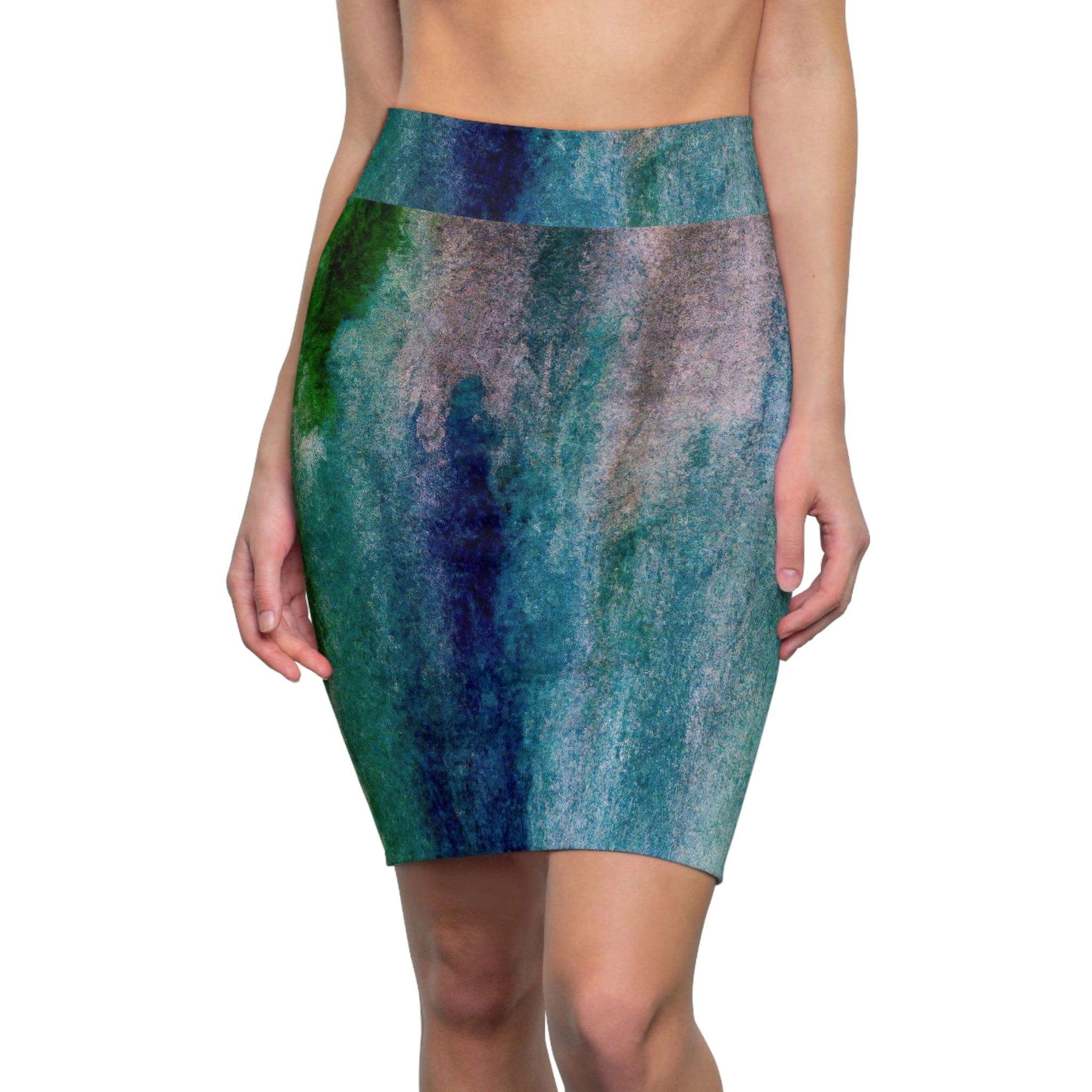 High Waist Women's Pencil Skirt in blue hue watercolor, showcasing its contour stretch fabric and stylish design.