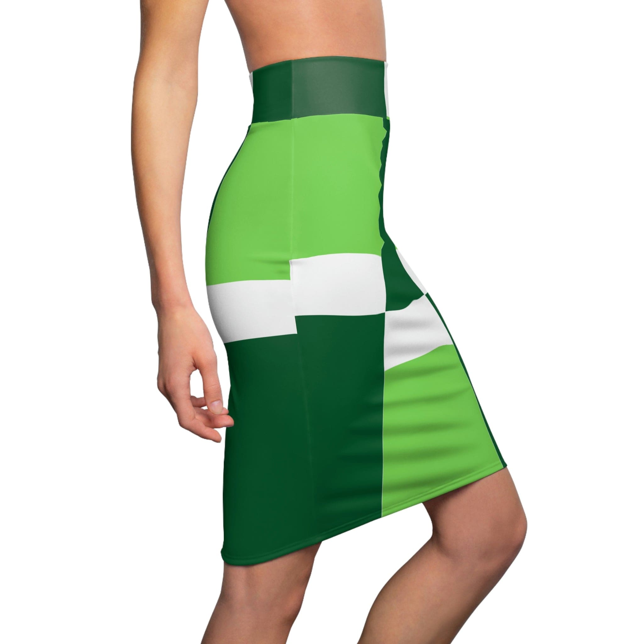 High Waist Women's Pencil Skirt in Lime Forest Irish color, showcasing its contour stretch design and soft fabric.