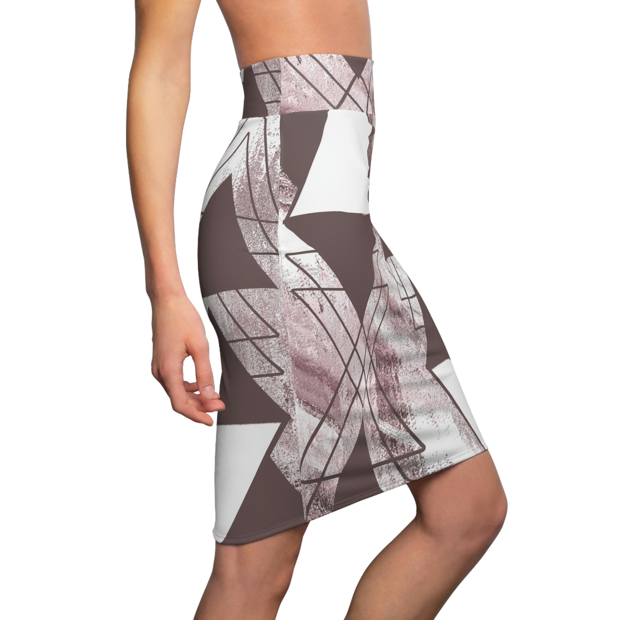High Waist Women's Pencil Skirt in Mauve Rose and White, showcasing its contour stretch design and soft fabric.