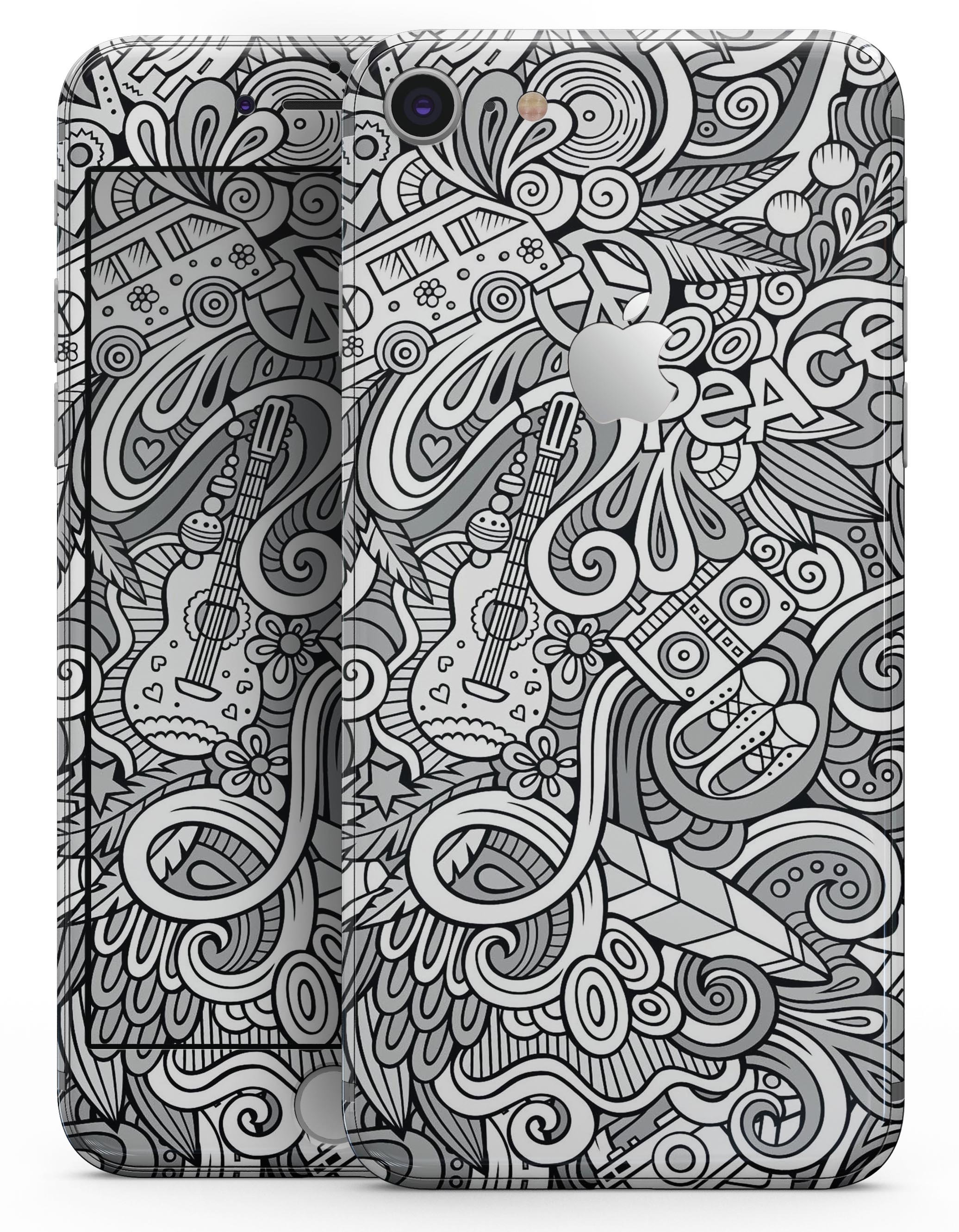 Hippie Dippie Doodles Skin-kit for iPhone 8 and 8 Plus, showcasing vibrant design and premium vinyl material.