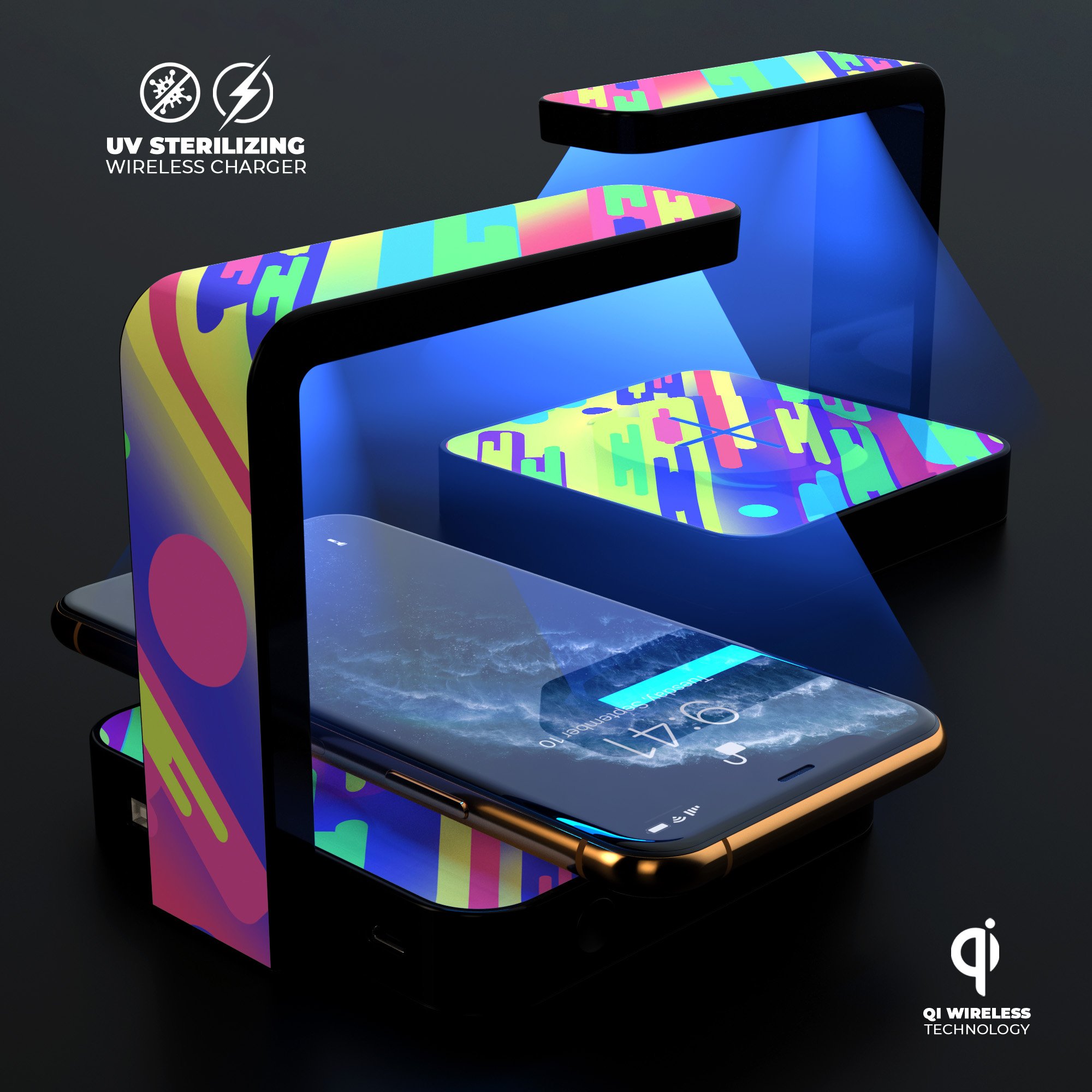 Holographic Retro Shapes UV Germicidal Sanitizing Wireless Charger with decorative skin, USB cable, and phone charging station.