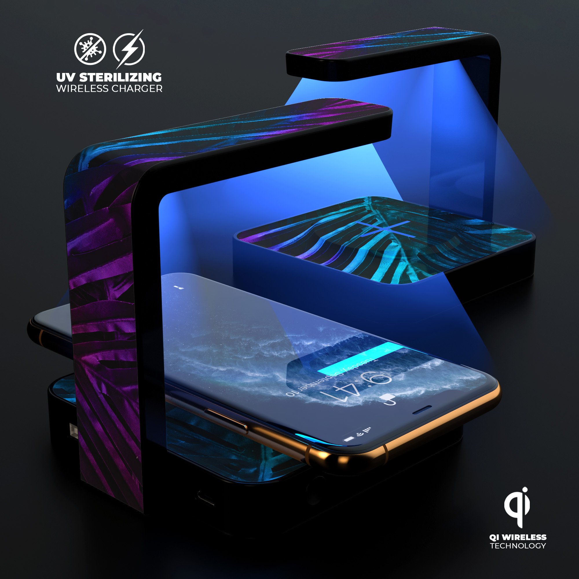 Holographic Tropical UV Germicidal Sanitizing Wireless Charger with phone placed on it, showcasing its sleek design and sterilizing lamp.
