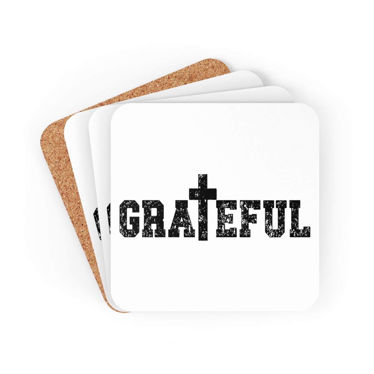 4-piece Grateful Christian coaster set with high-gloss finish and cork backing, ideal for home or office use.