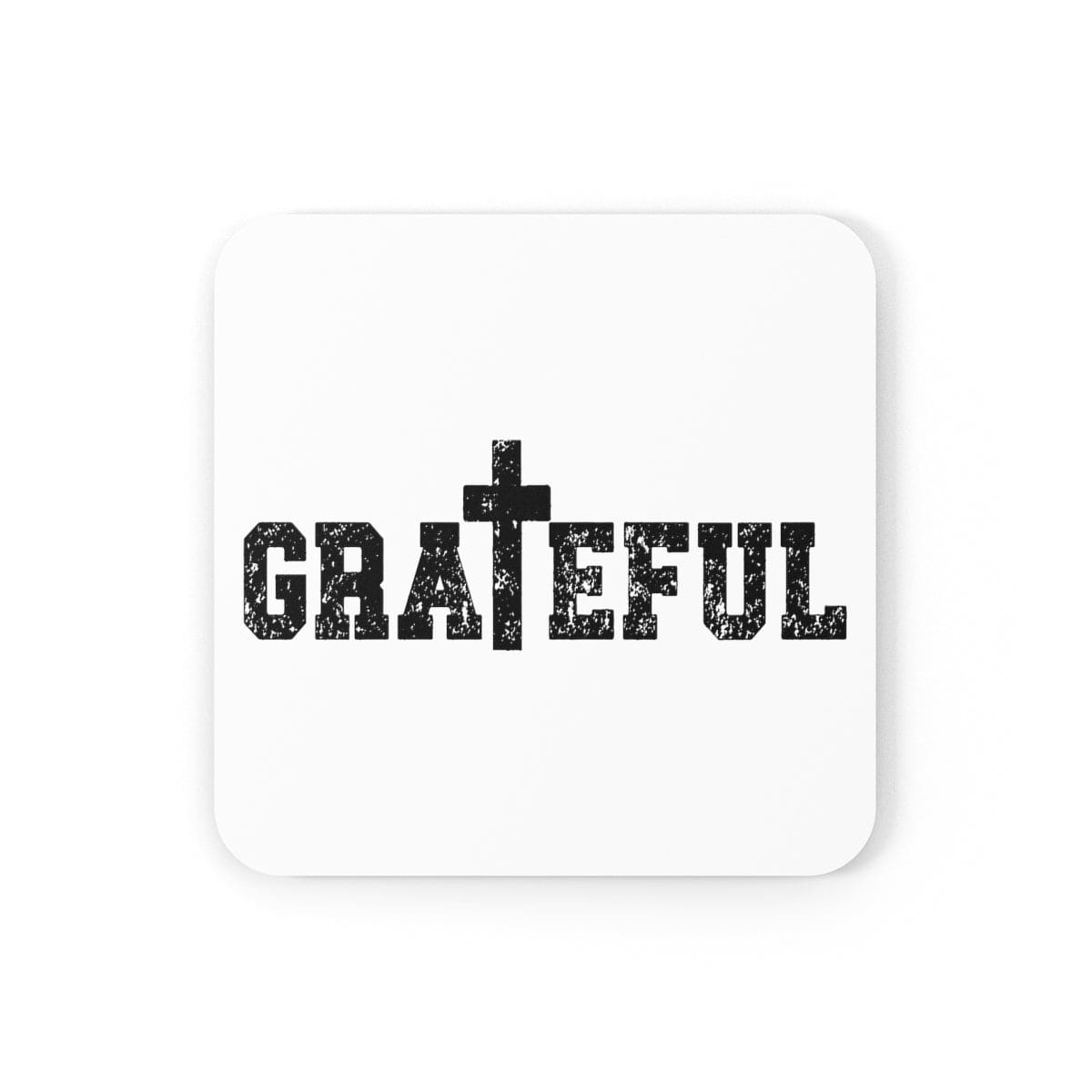 4-piece Grateful Christian coaster set with high-gloss finish and cork backing, ideal for home or office use.