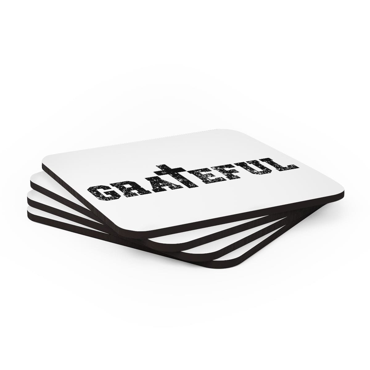 4-piece Grateful Christian coaster set with high-gloss finish and cork backing, ideal for home or office use.