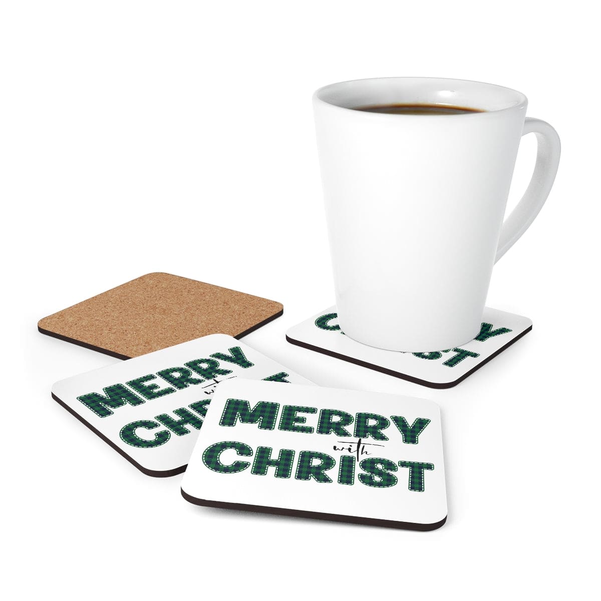 A stylish 4-piece coaster set featuring a high-gloss top and cork backing, perfect for home or office use.