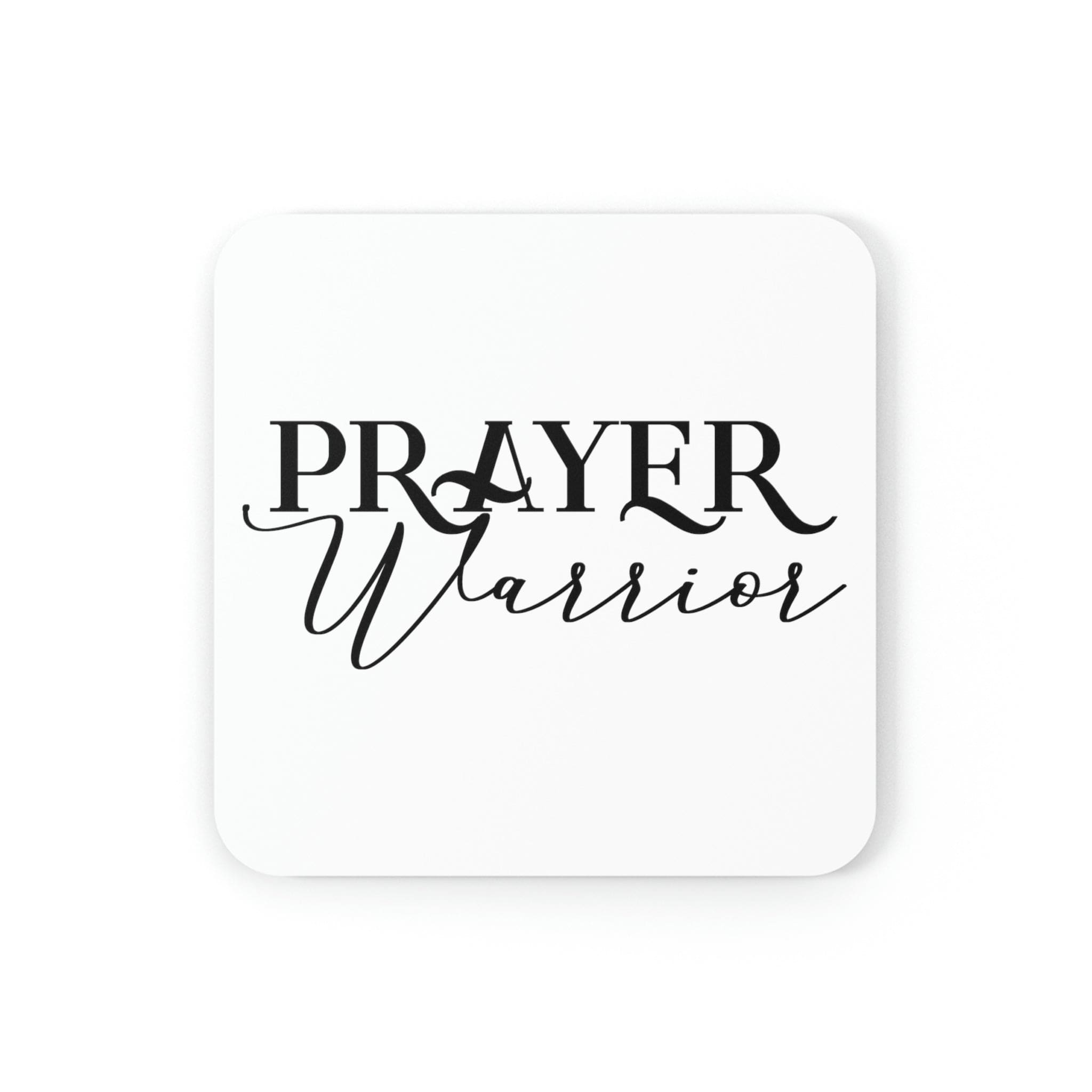 A 4-piece Home Decor Coaster Set featuring a high-gloss top and cork back, designed with a Prayer Warrior Christian theme.