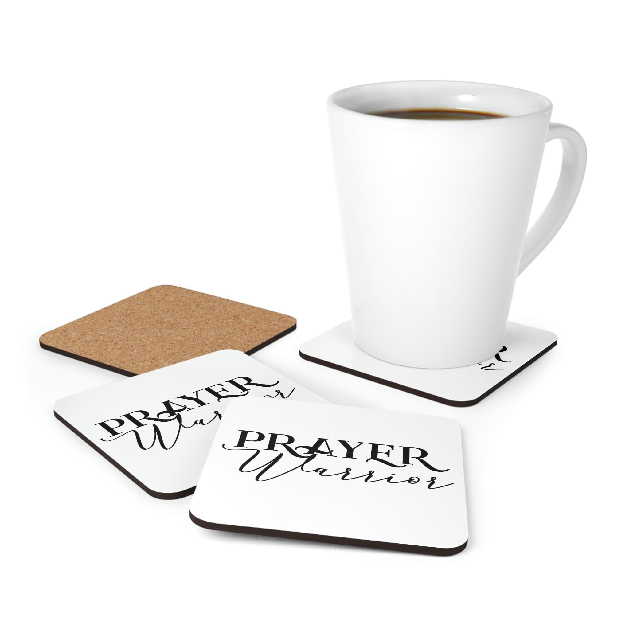 A 4-piece Home Decor Coaster Set featuring a high-gloss top and cork back, designed with a Prayer Warrior Christian theme.