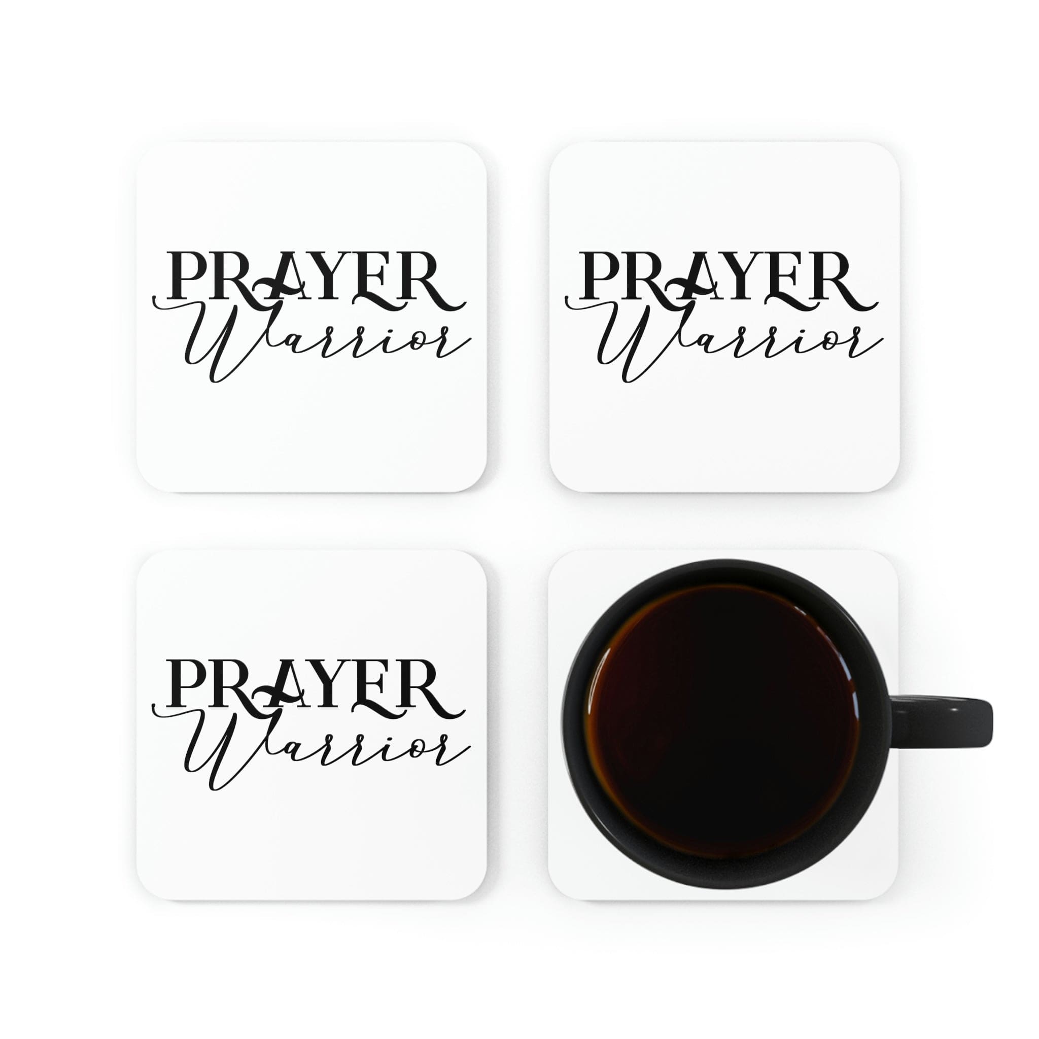 A 4-piece Home Decor Coaster Set featuring a high-gloss top and cork back, designed with a Prayer Warrior Christian theme.