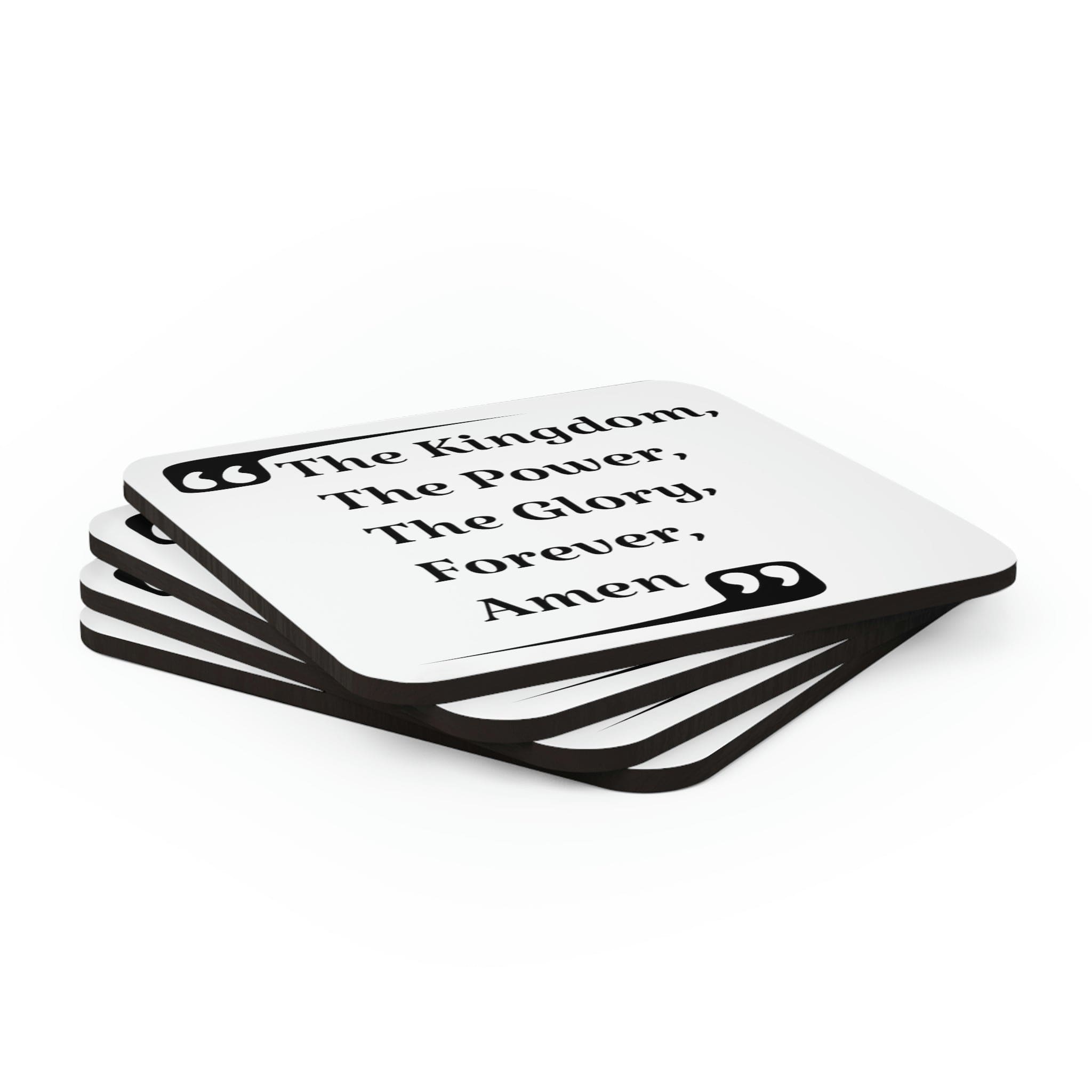 A stylish 4-piece coaster set featuring a high-gloss top and cork backing, perfect for home or office use.