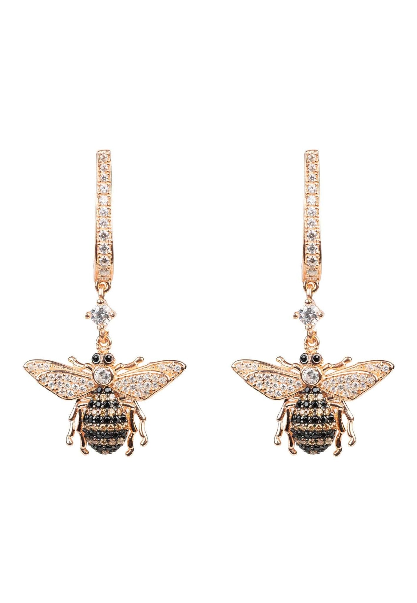 Elegant Honey Bee Drop Earrings in rosegold with cubic zirconia accents, showcasing intricate bee designs.