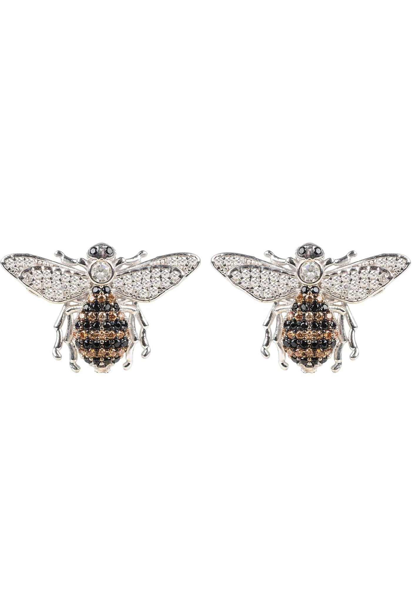 A pair of sterling silver honey bee stud earrings with sparkling zircons, featuring a cute bee charm design.