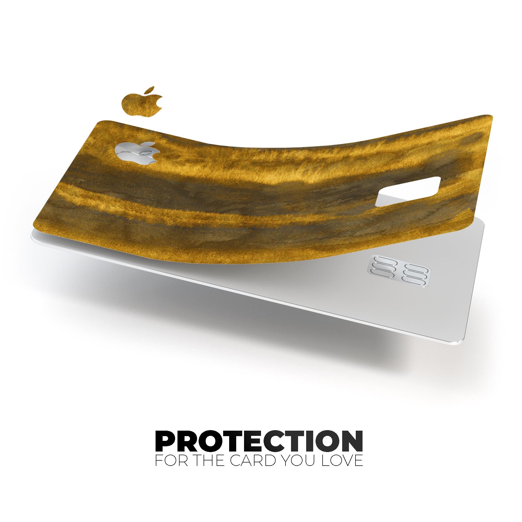 Horizontal Golden Caverns decal skin-kit for Apple Card, showcasing premium vinyl design and finishes.