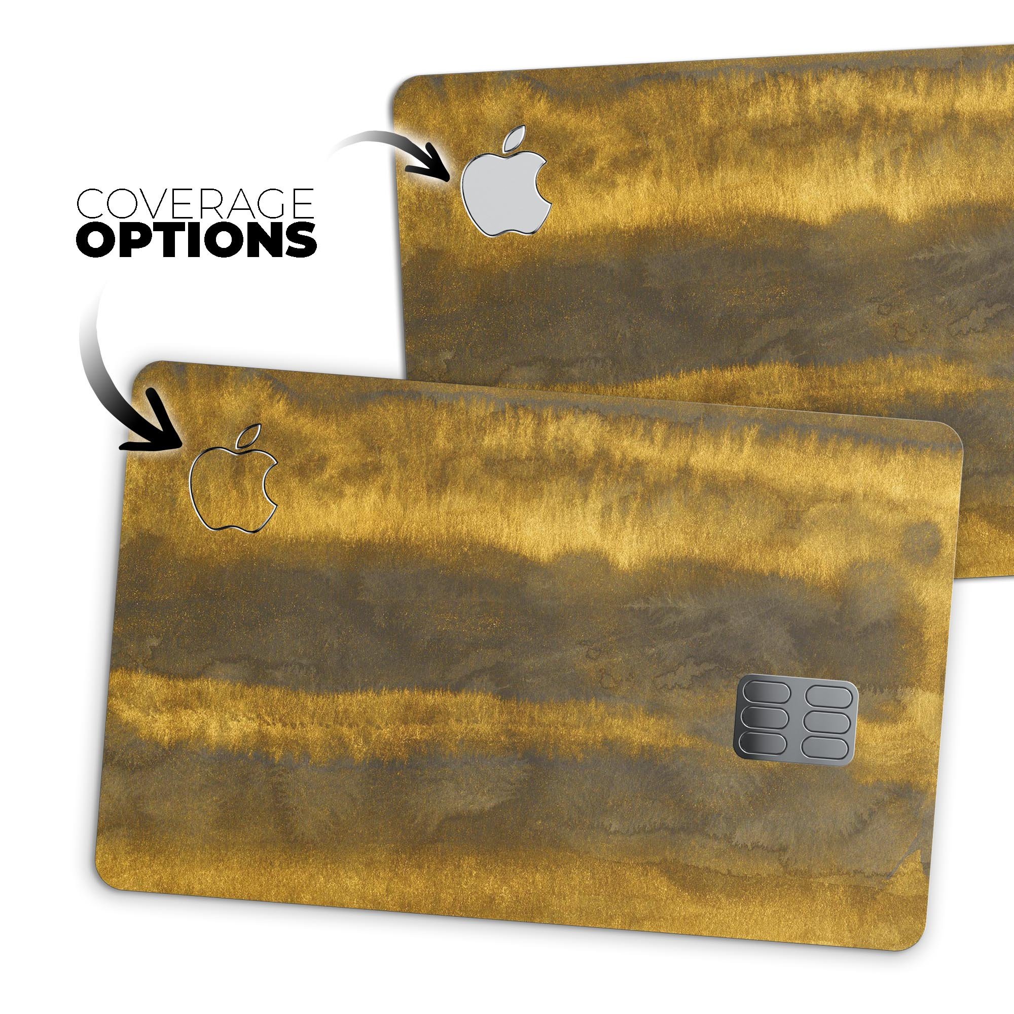 Horizontal Golden Caverns decal skin-kit for Apple Card, showcasing premium vinyl design and finishes.