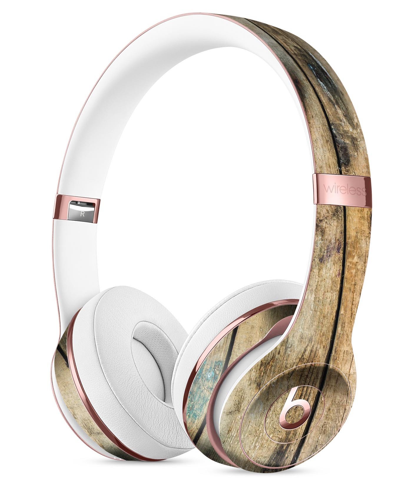 Horizontal planks design skin kit in chipped blue for Beats by Dre Solo 3 Wireless Headphones, showcasing a stylish and protective vinyl cover.