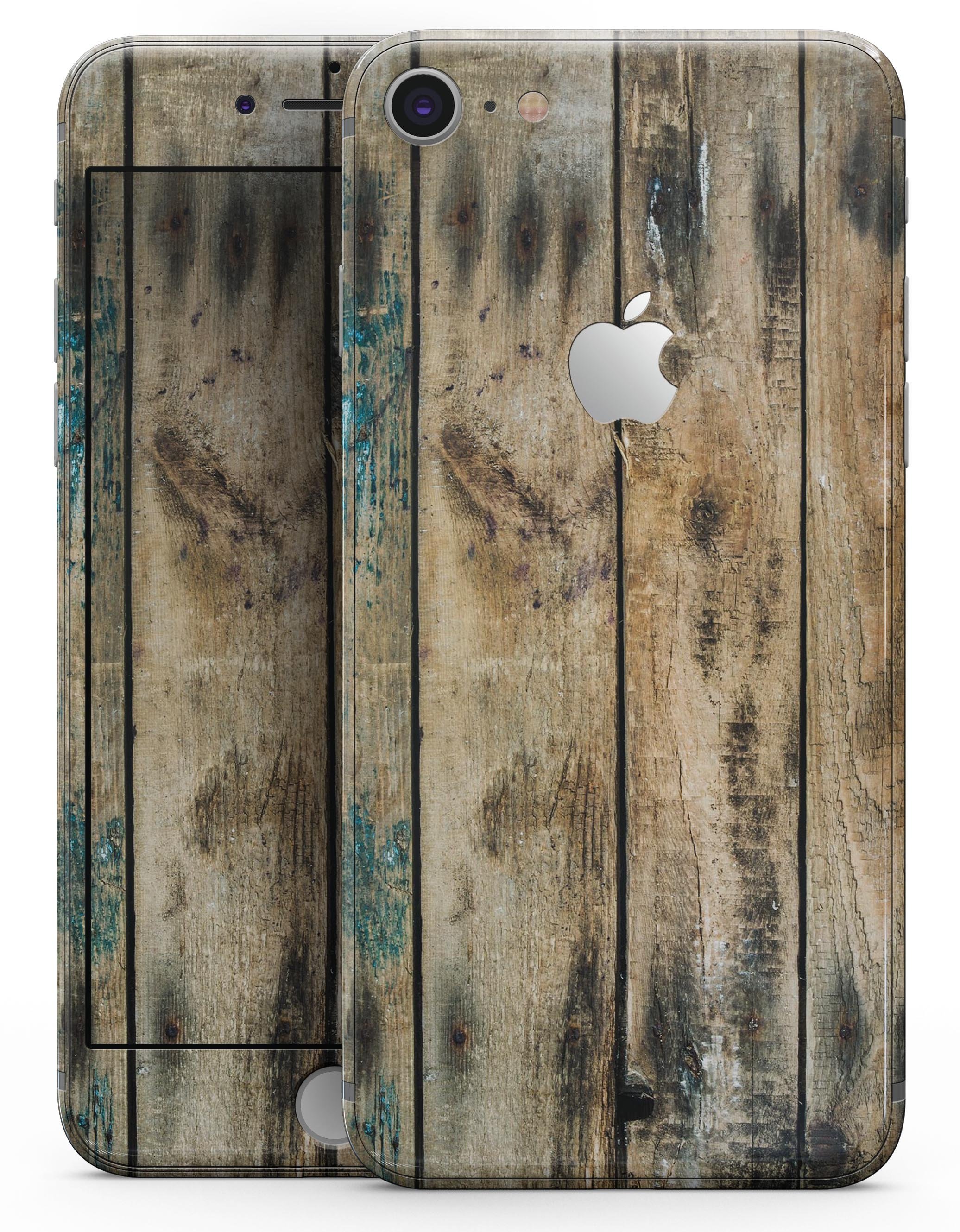Horizontal Planks with Chipped Blue skin for iPhone 8 or 8 Plus, showcasing a stylish design with a textured blue finish.