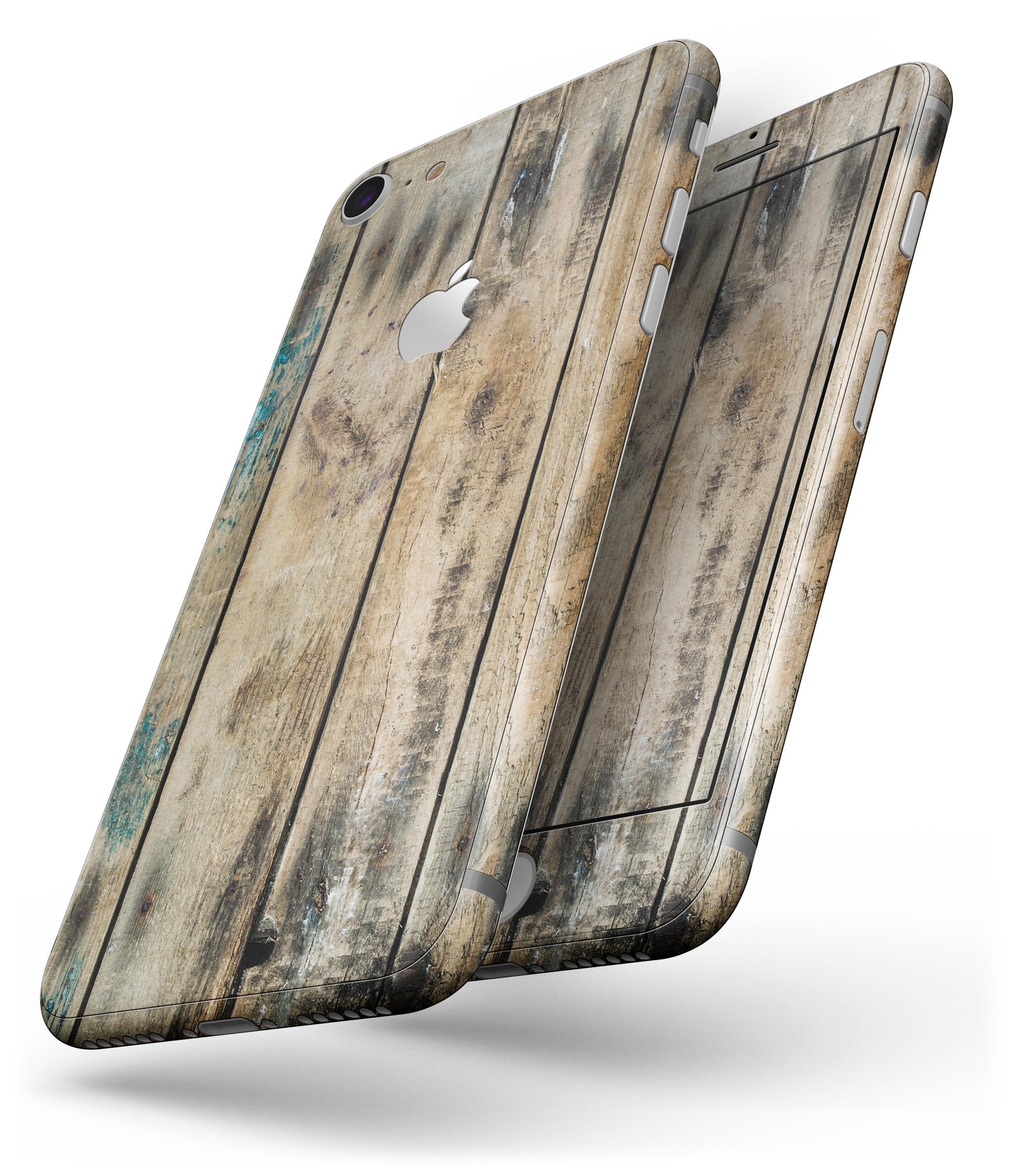 Horizontal Planks with Chipped Blue skin for iPhone 8 or 8 Plus, showcasing a stylish design with a textured blue finish.