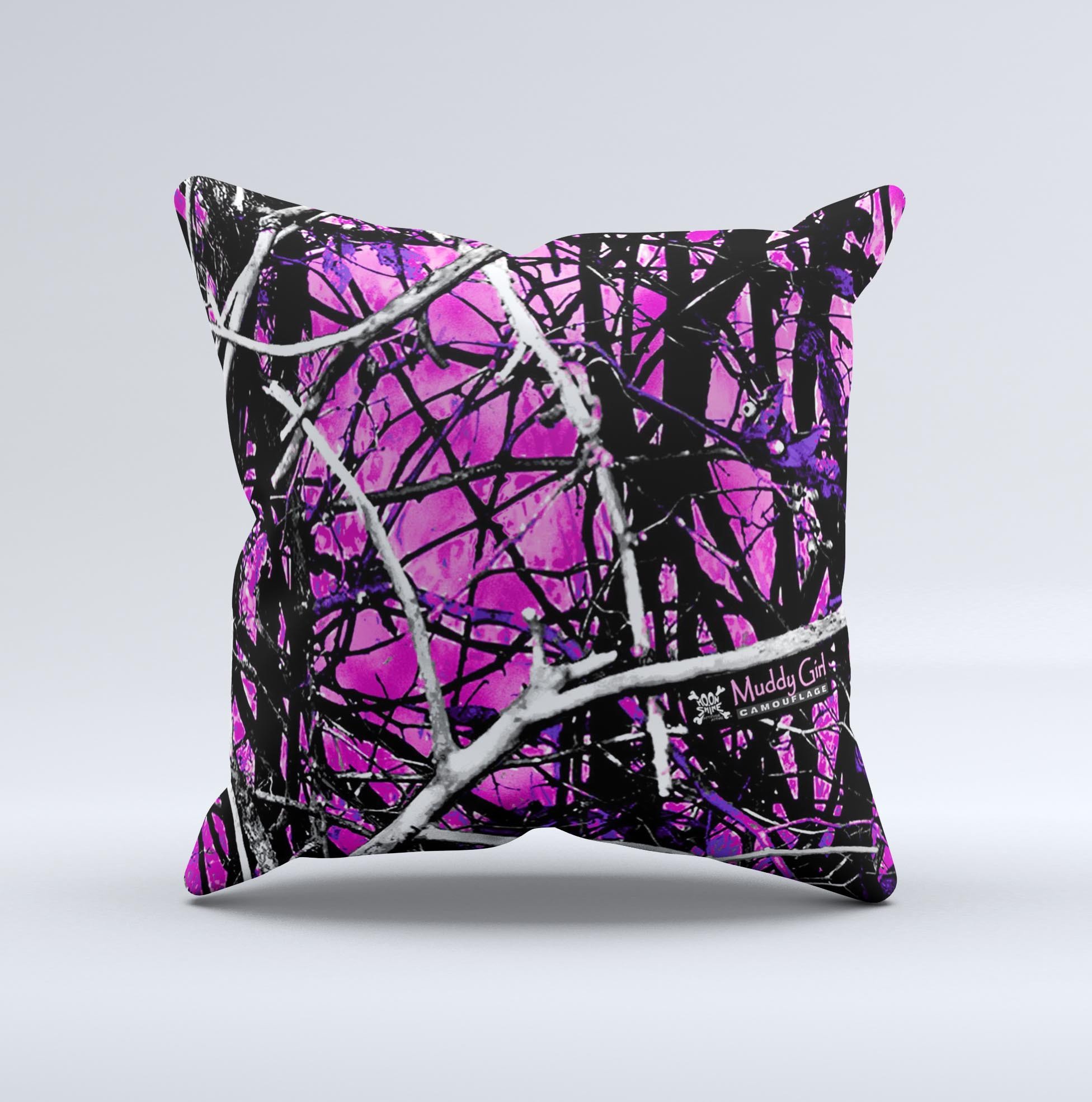 Hot pink decorative throw pillow with abstract camouflage design, handcrafted in Virginia, showcasing unique imperfections.