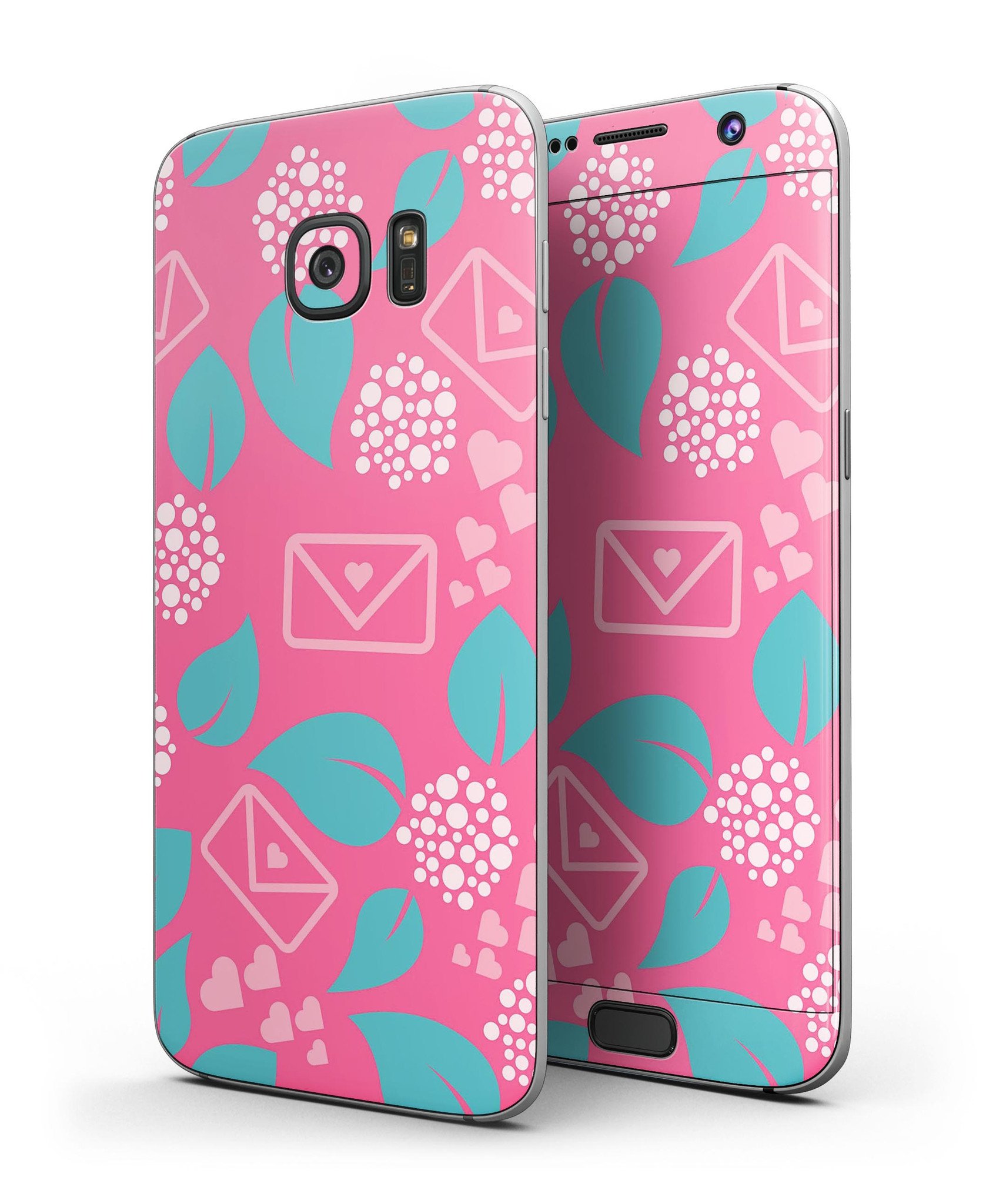 Hot Pink Letters with Teal Green Leaves skin kit for Samsung Galaxy S7 and S7 Edge, showcasing vibrant colors and premium vinyl material.