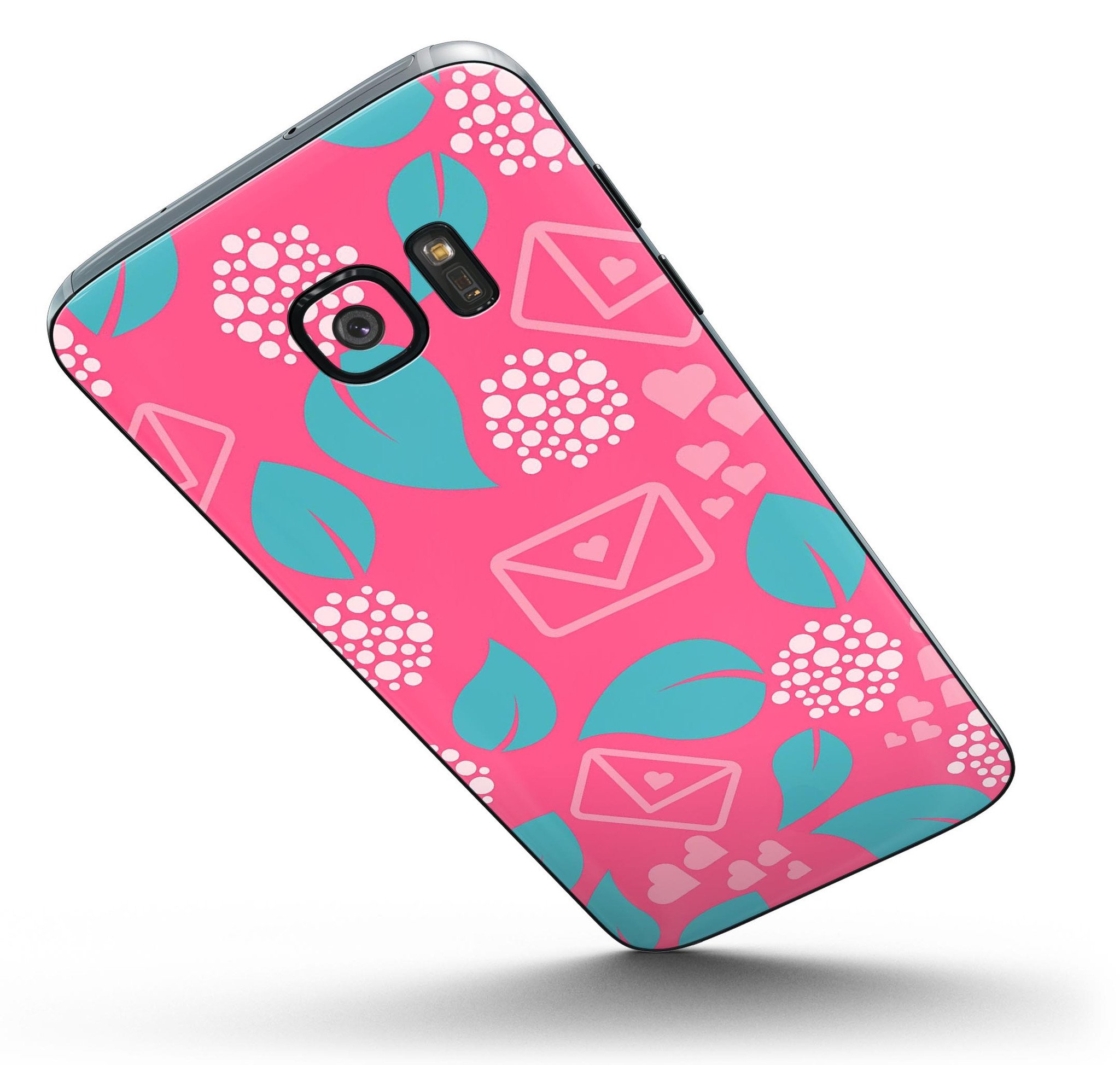 Hot Pink Letters with Teal Green Leaves skin kit for Samsung Galaxy S7 and S7 Edge, showcasing vibrant colors and premium vinyl material.