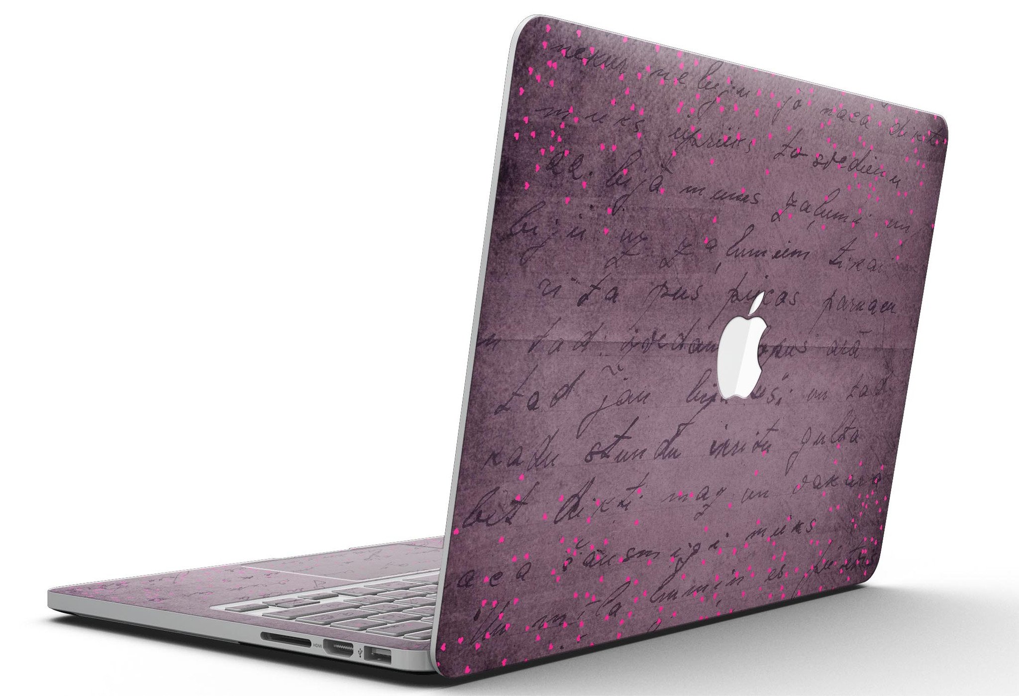 Laptop with script-patterned skin.