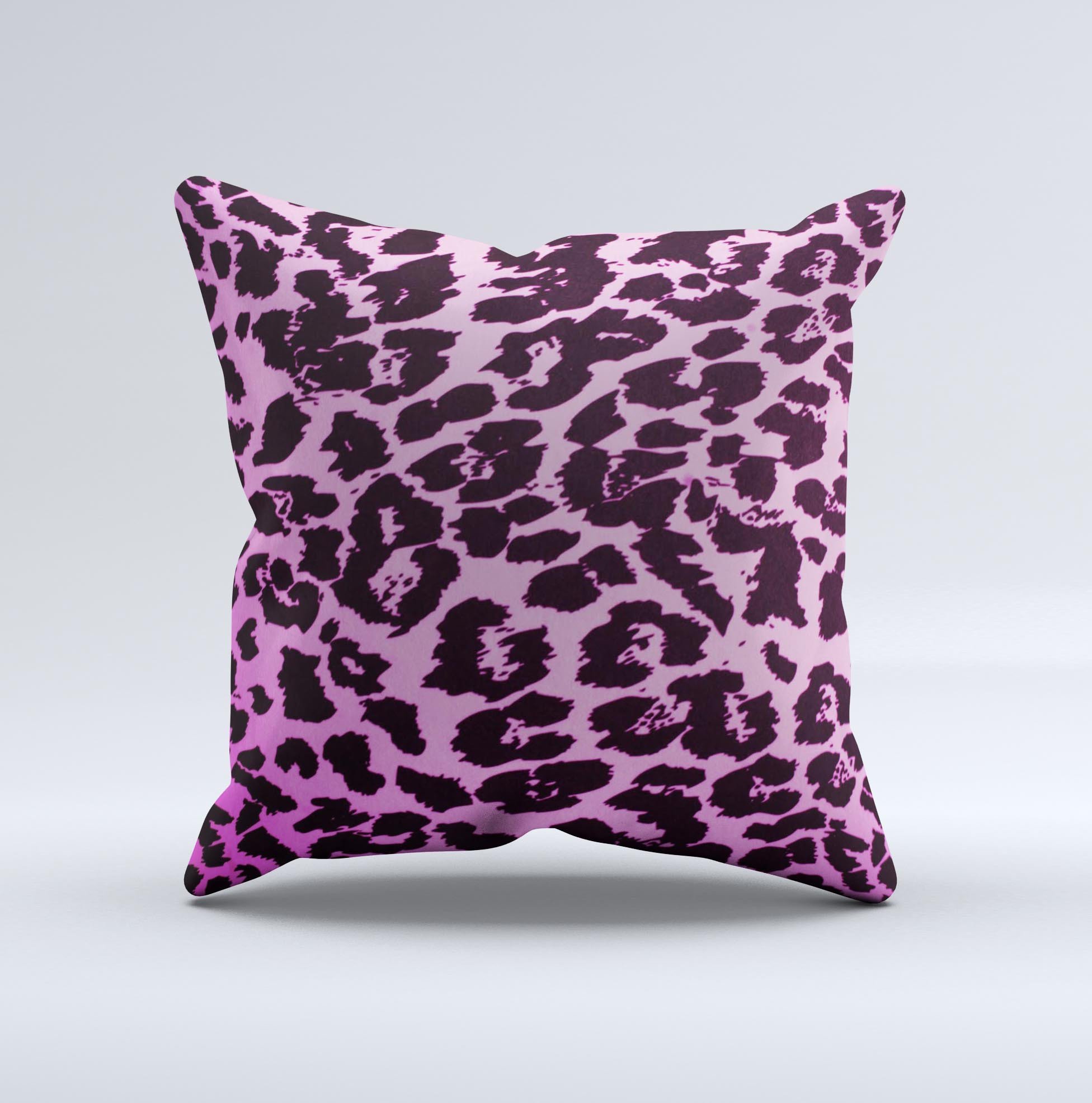 Hot pink decorative throw pillow featuring a vibrant leopard print design, handcrafted in Virginia with high-quality materials.