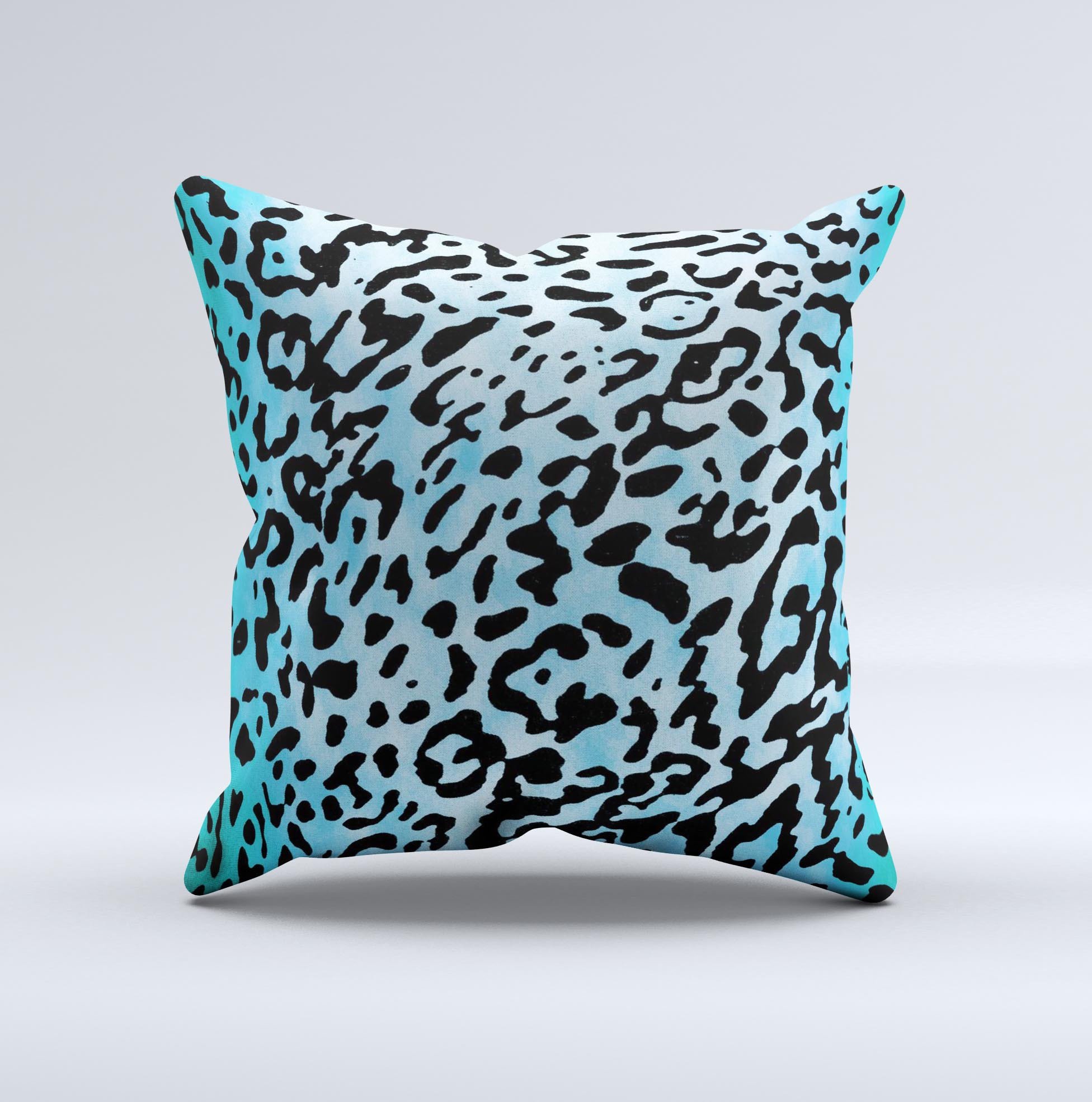 Hot teal cheetah animal print decorative throw pillow with vibrant colors and unique design, handmade in Virginia.