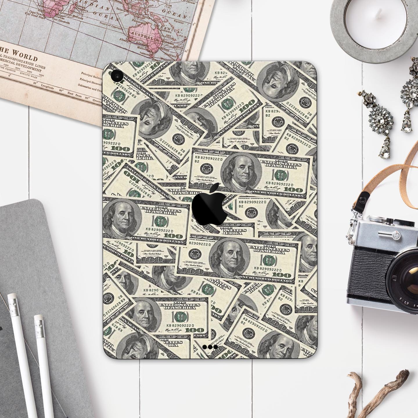 Hundred Dollar Bill skin decal for Apple iPad Pro showcasing vibrant design and premium finish.