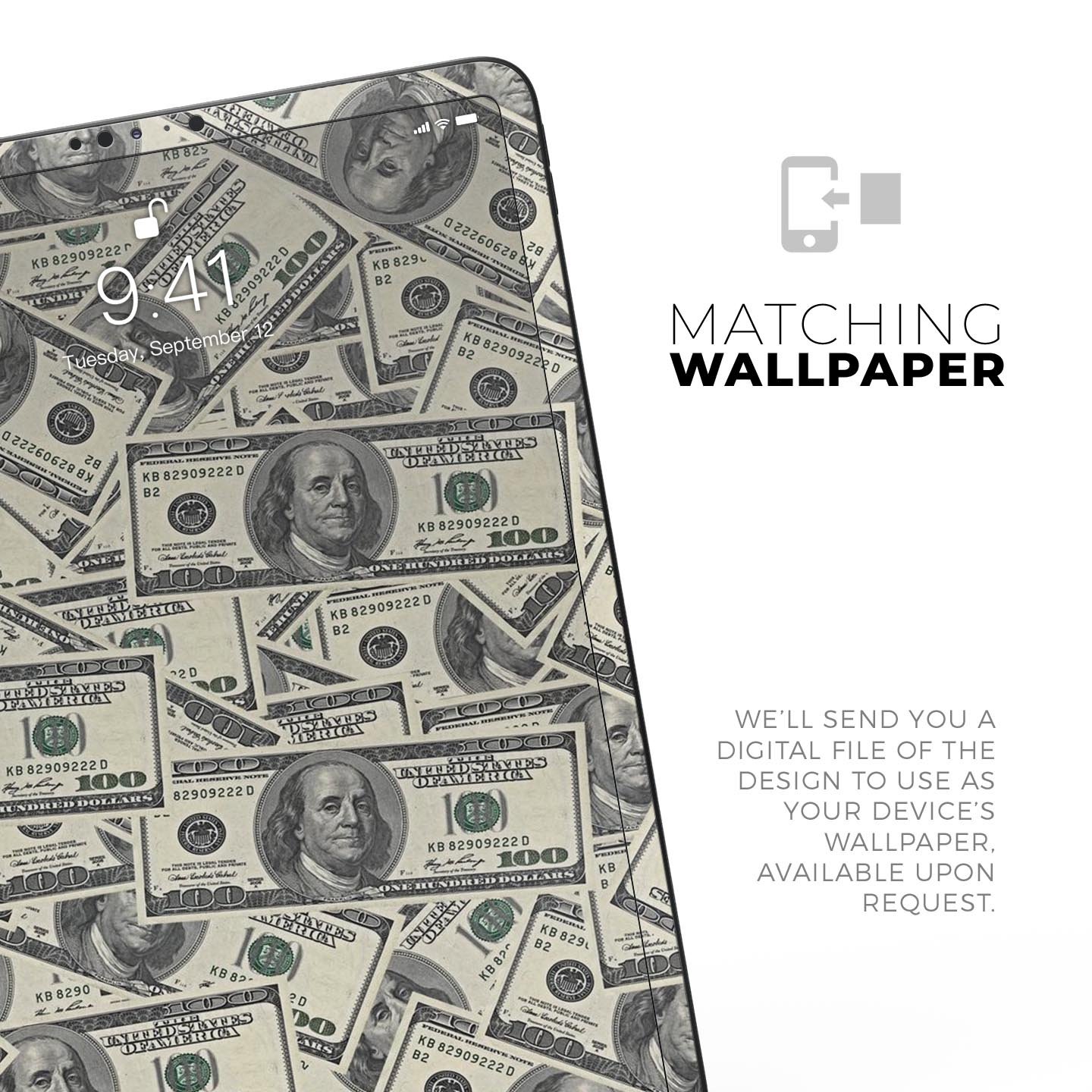 Hundred Dollar Bill skin decal for Apple iPad Pro showcasing vibrant design and premium finish.