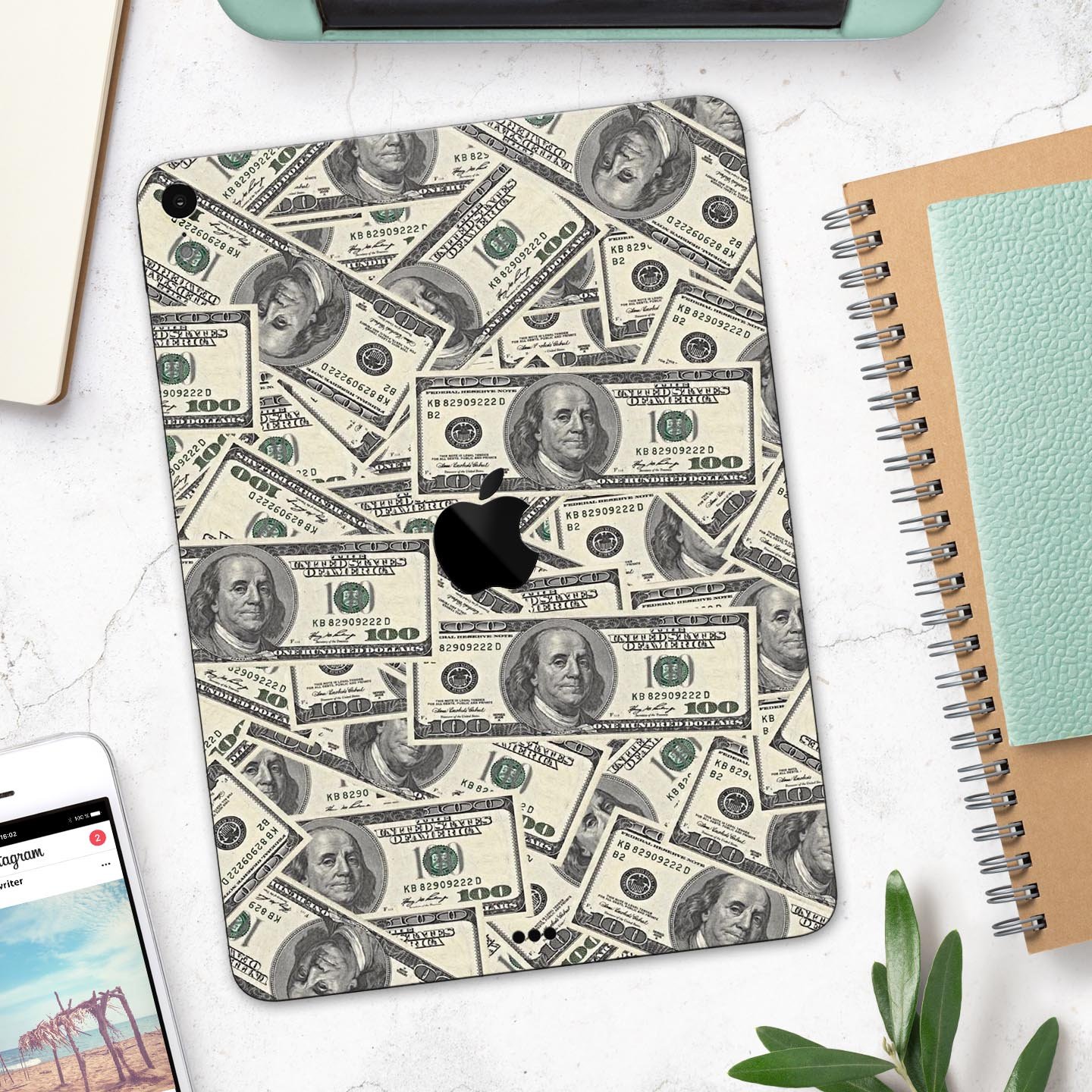 Hundred Dollar Bill skin decal for Apple iPad Pro showcasing vibrant design and premium finish.