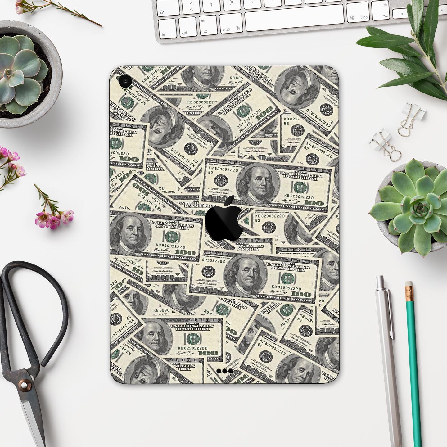 Hundred Dollar Bill skin decal for Apple iPad Pro showcasing vibrant design and premium finish.