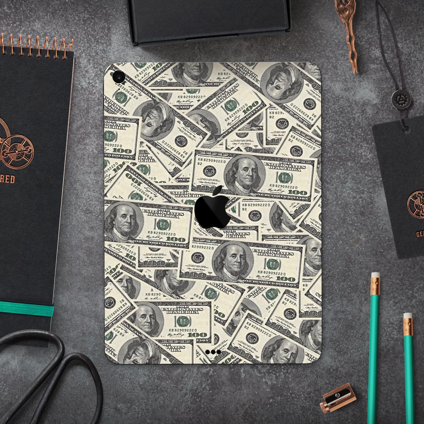 Hundred Dollar Bill skin decal for Apple iPad Pro showcasing vibrant design and premium finish.