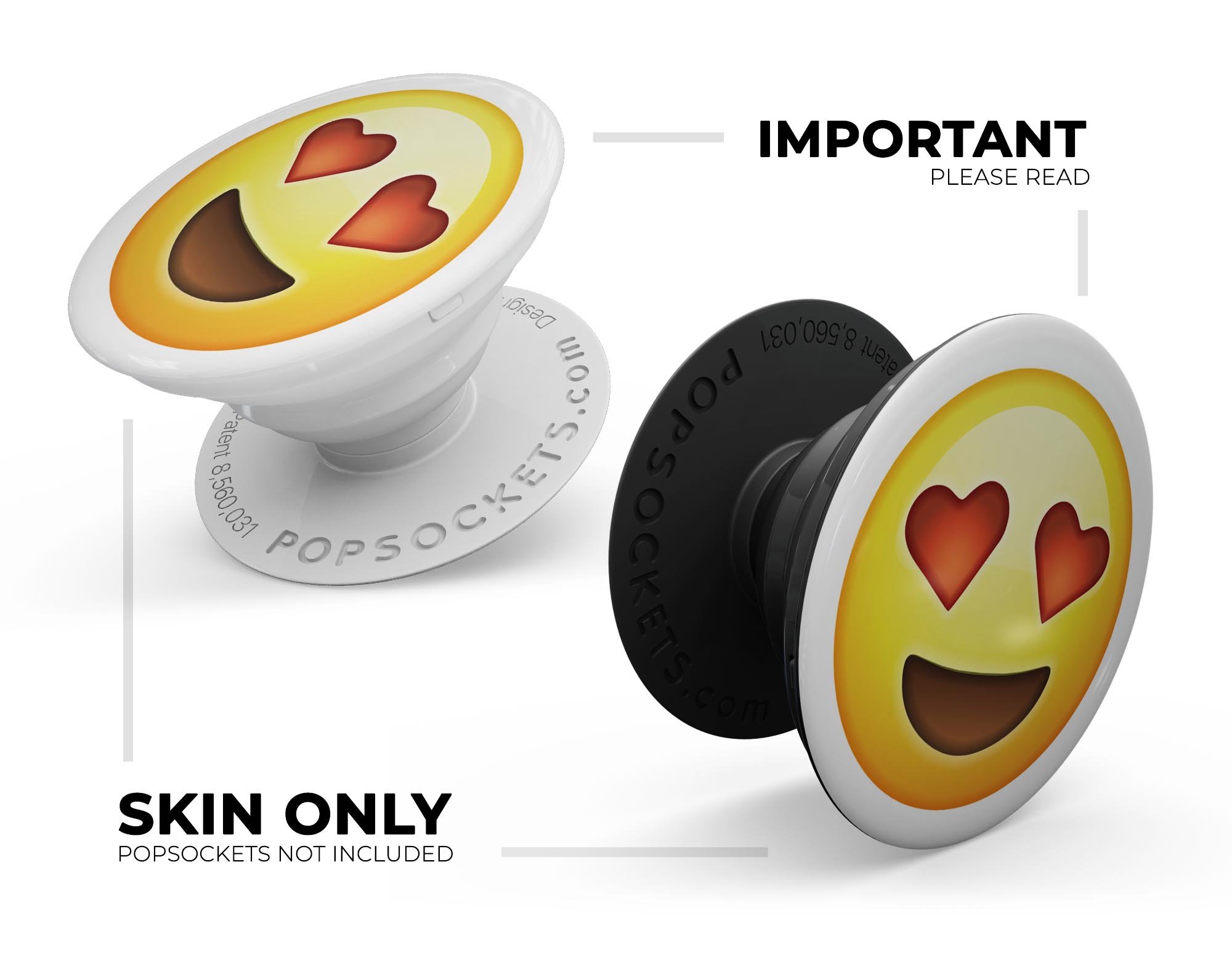 In Love Emoticon Emoji Skin Kit for PopSockets, featuring vibrant emoticon designs on a durable vinyl material.