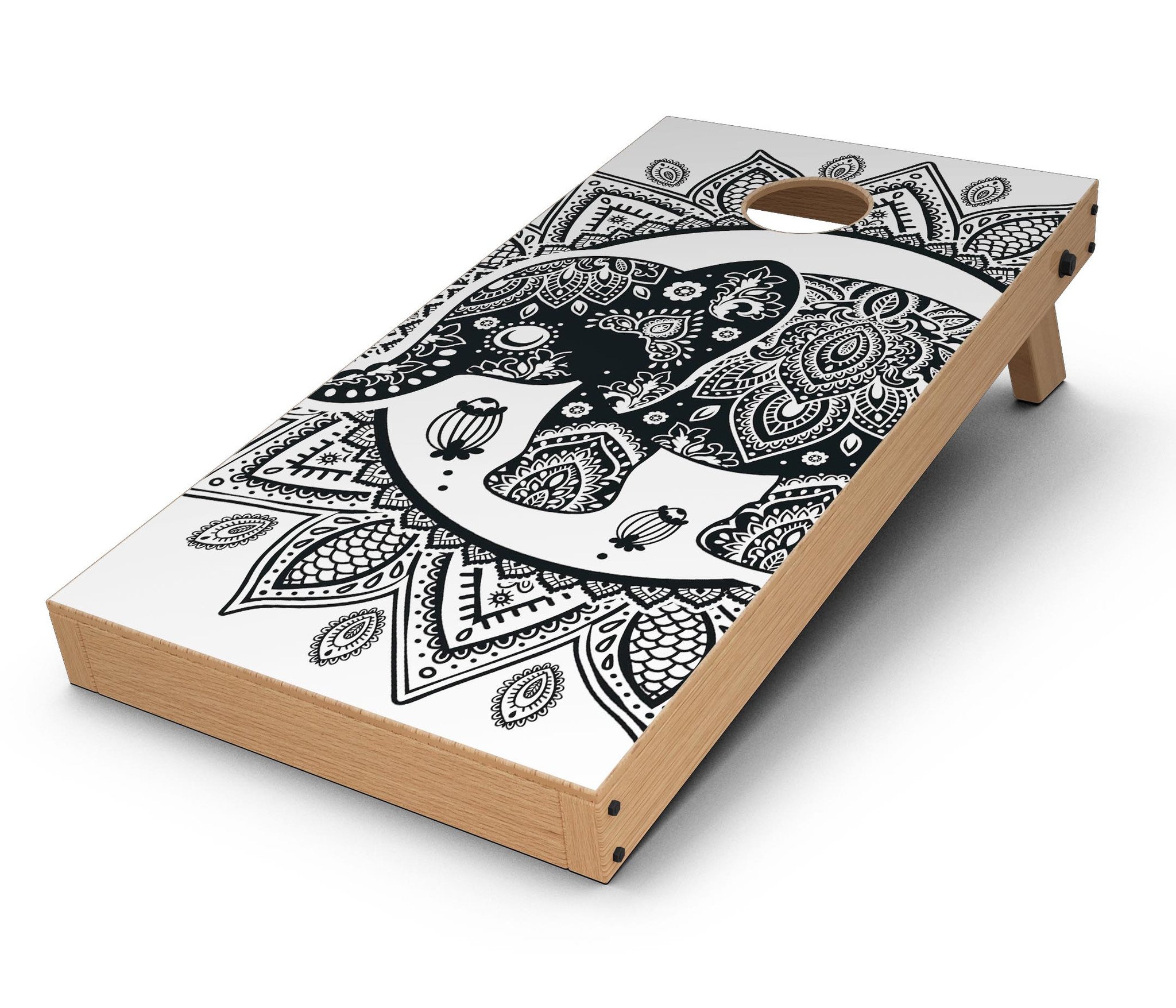 Indian Mandala Elephant Cornhole Board Skin Decal Kit showcasing vibrant colors and intricate design, perfect for customizing Cornhole boards.