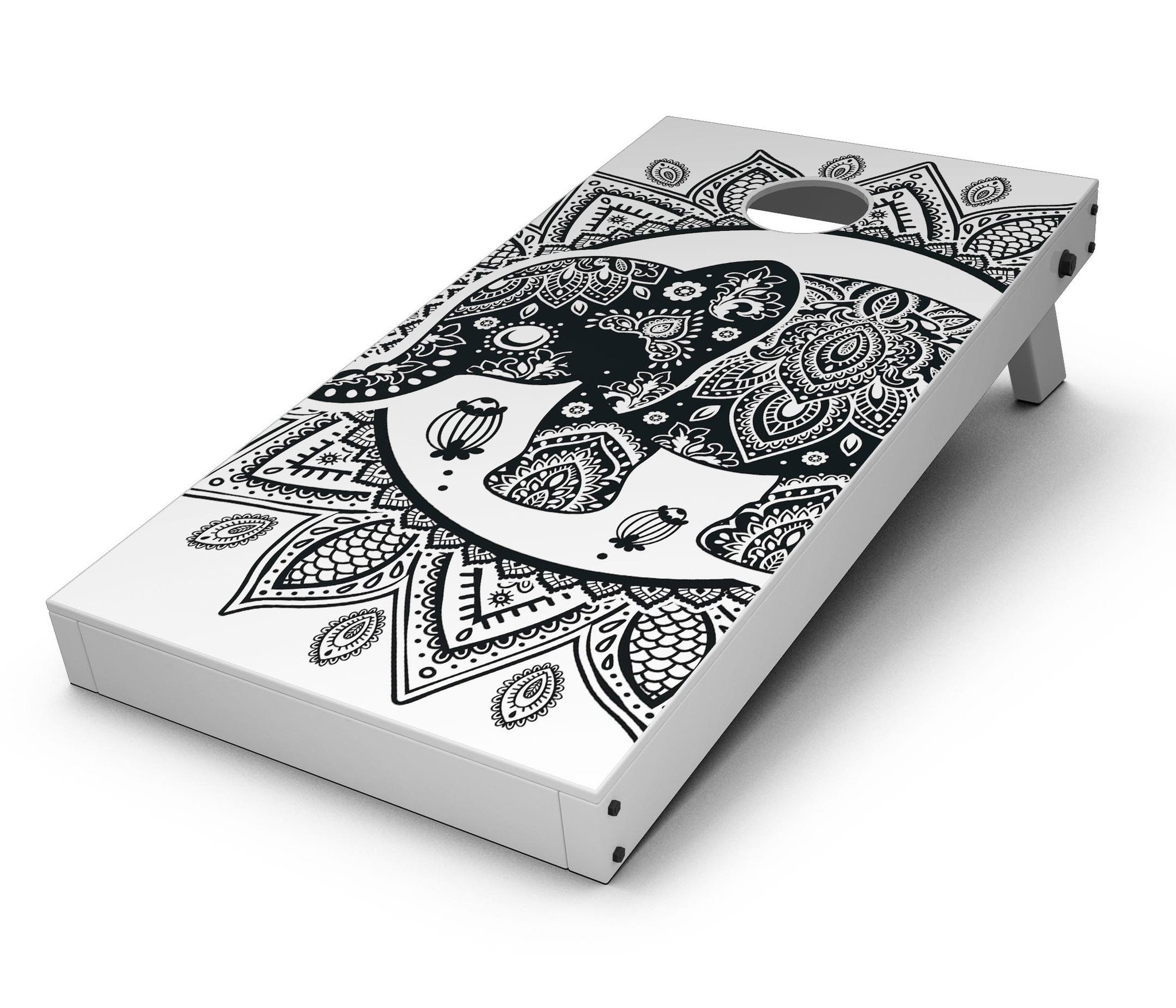 Indian Mandala Elephant Cornhole Board Skin Decal Kit showcasing vibrant colors and intricate design, perfect for customizing Cornhole boards.