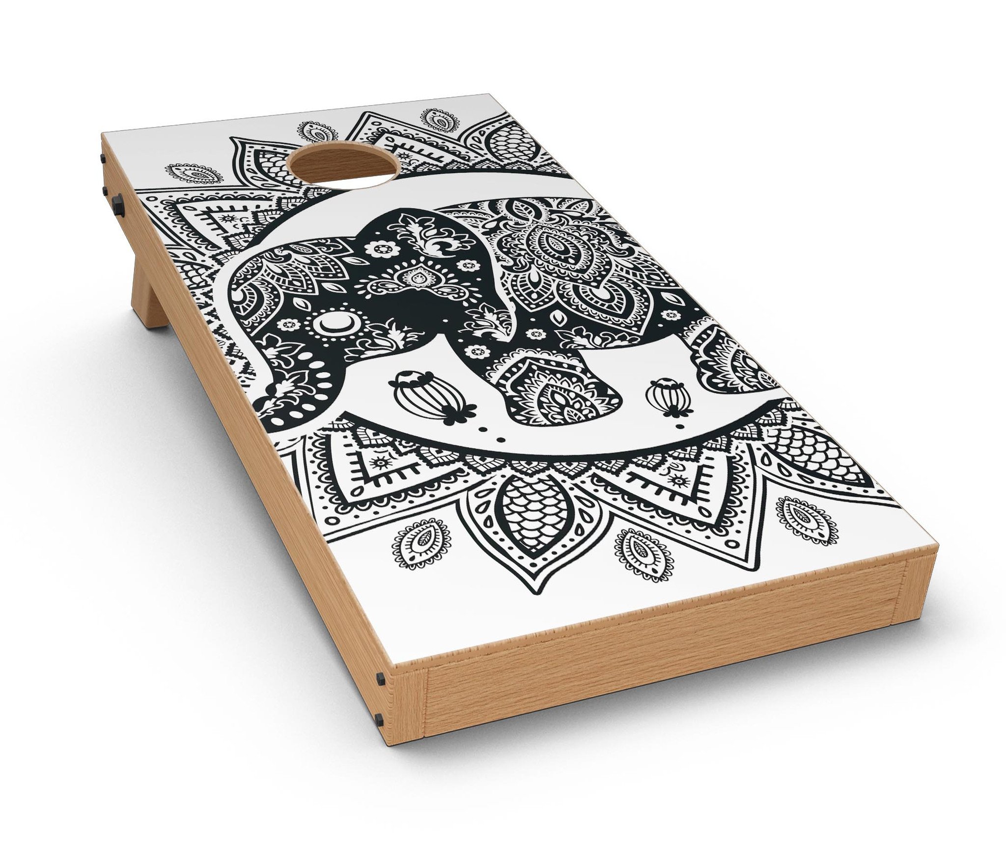Indian Mandala Elephant Cornhole Board Skin Decal Kit showcasing vibrant colors and intricate design, perfect for customizing Cornhole boards.