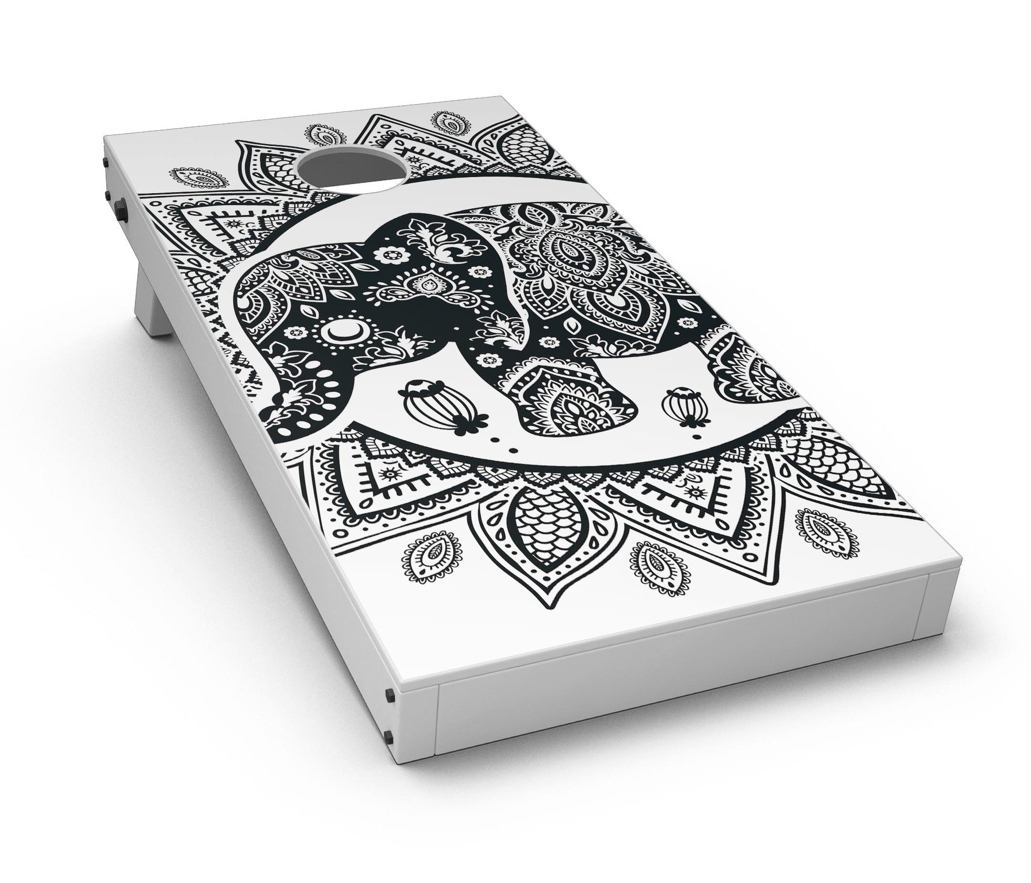 Indian Mandala Elephant Cornhole Board Skin Decal Kit showcasing vibrant colors and intricate design, perfect for customizing Cornhole boards.