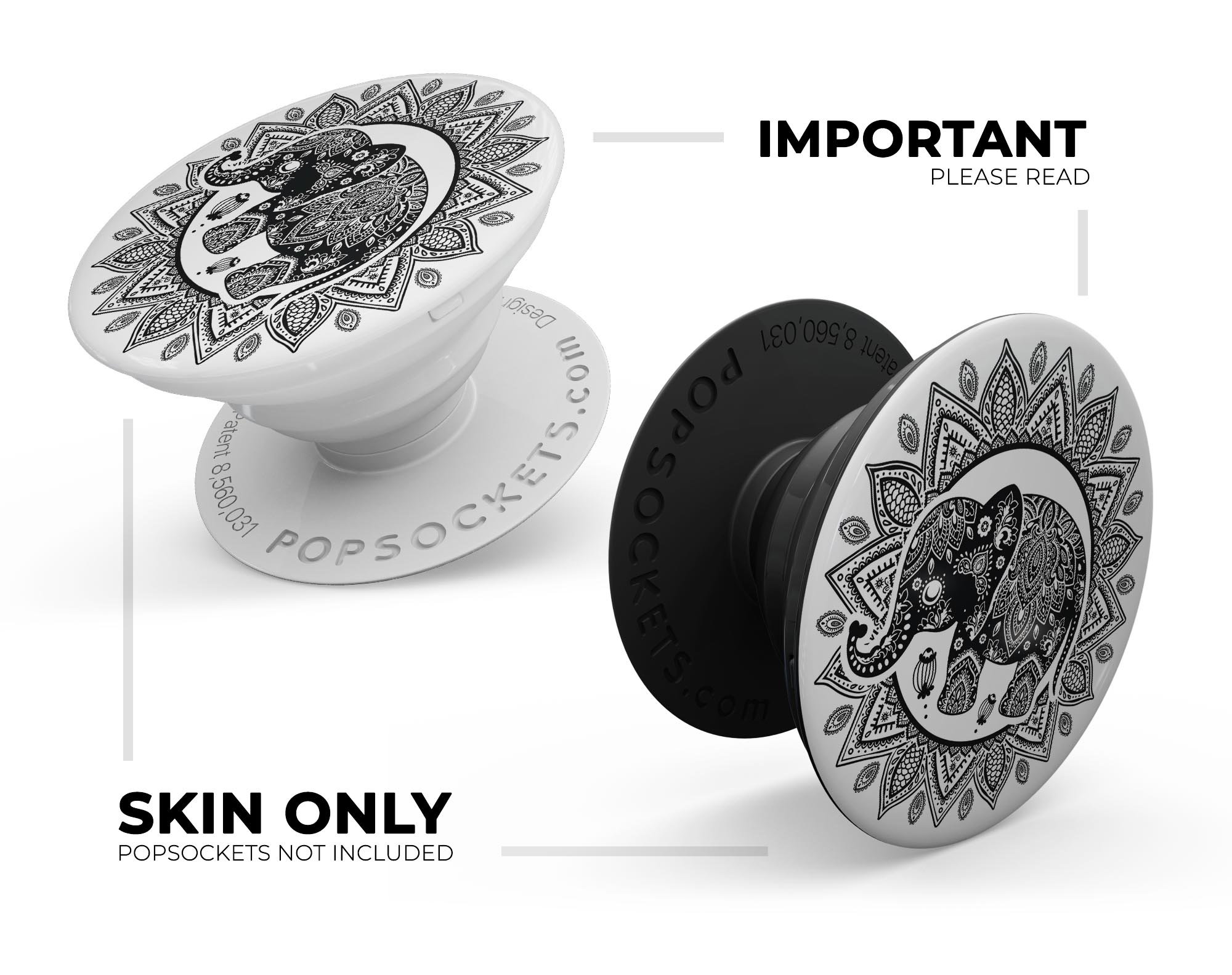 Indian Mandala Elephant Skin Kit for PopSockets, featuring vibrant colors and intricate design on premium vinyl.