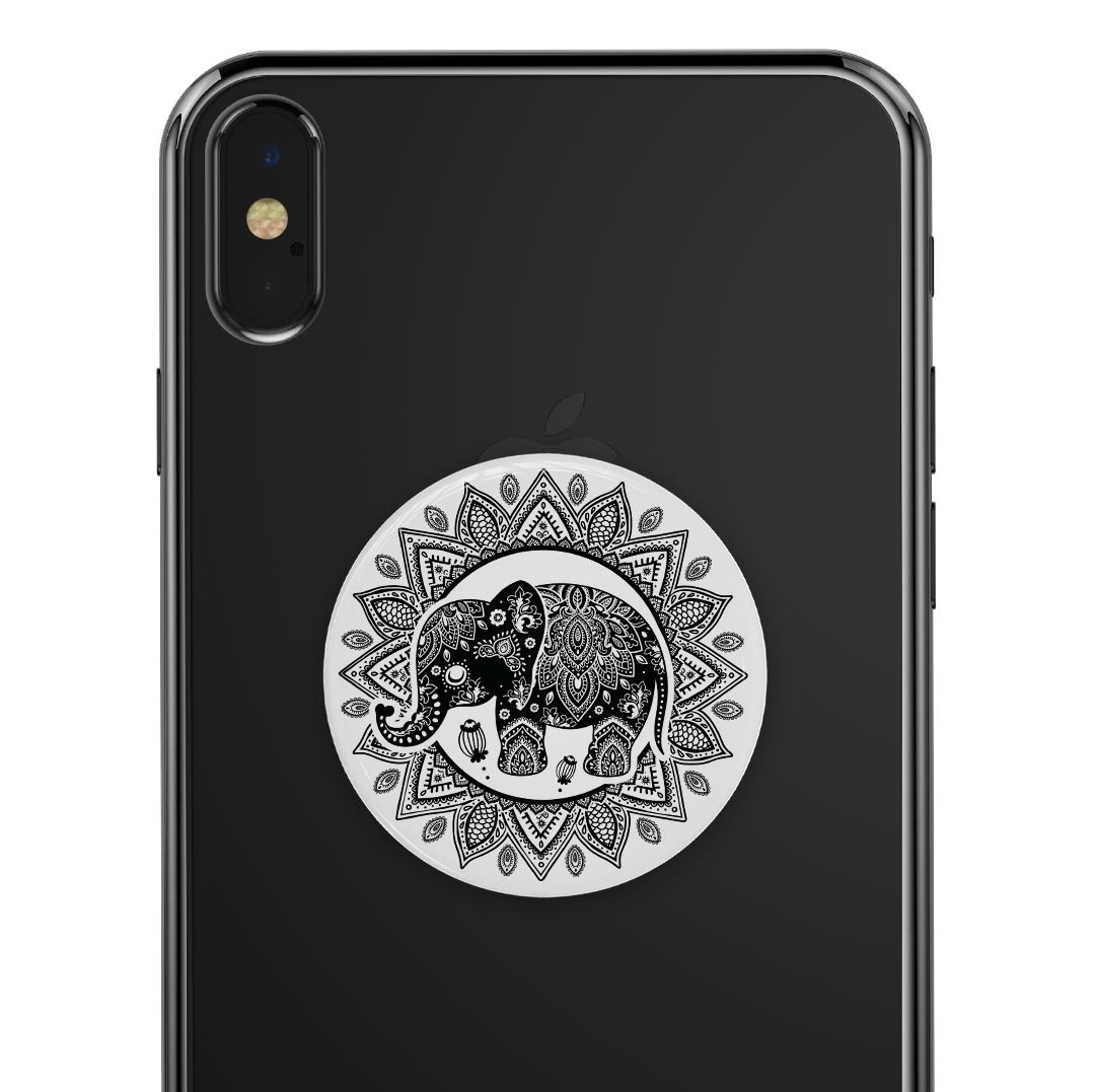 Indian Mandala Elephant Skin Kit for PopSockets, featuring vibrant colors and intricate design on premium vinyl.