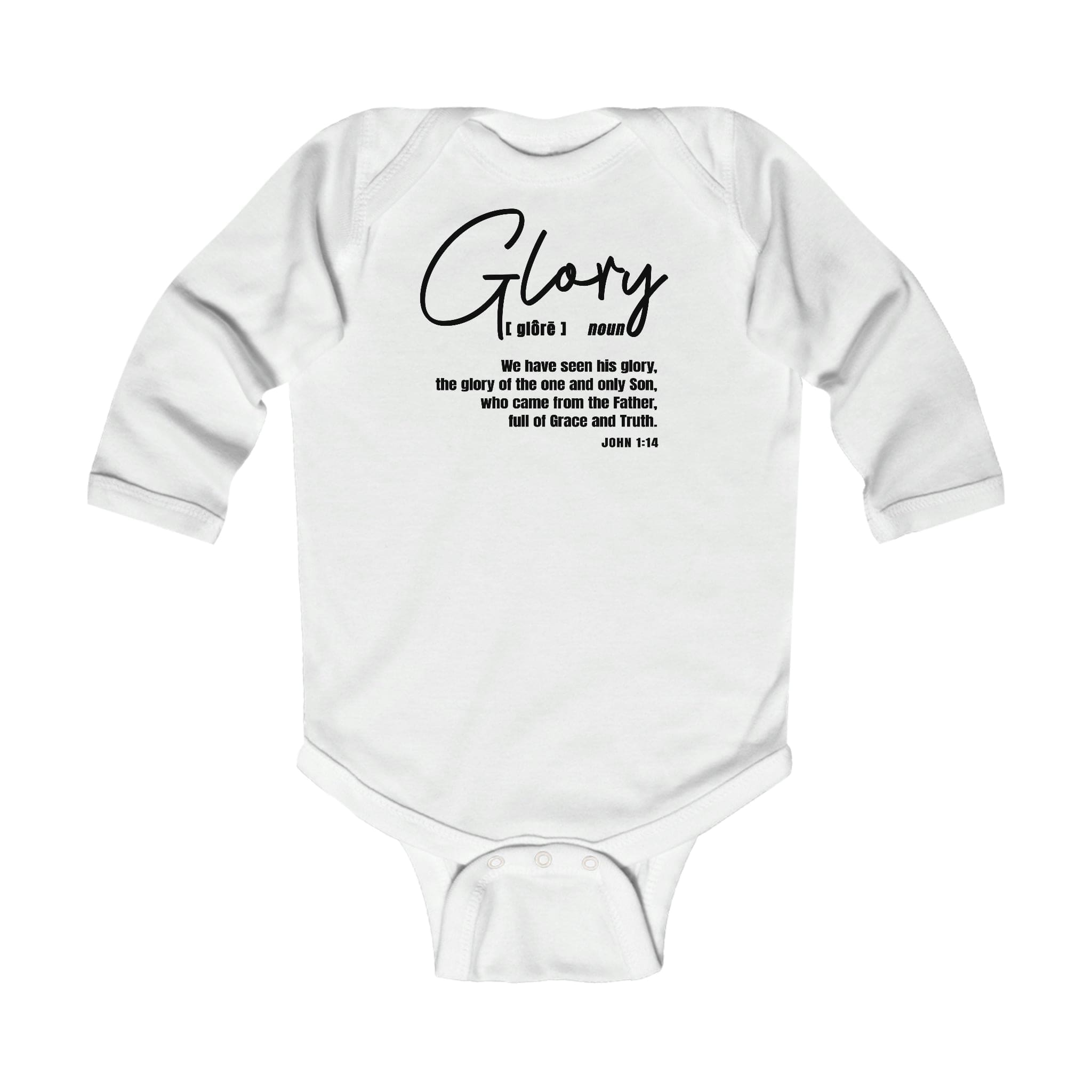 Infant Long Sleeve Bodysuit featuring Christian inspiration, made from soft cotton with snap closure.