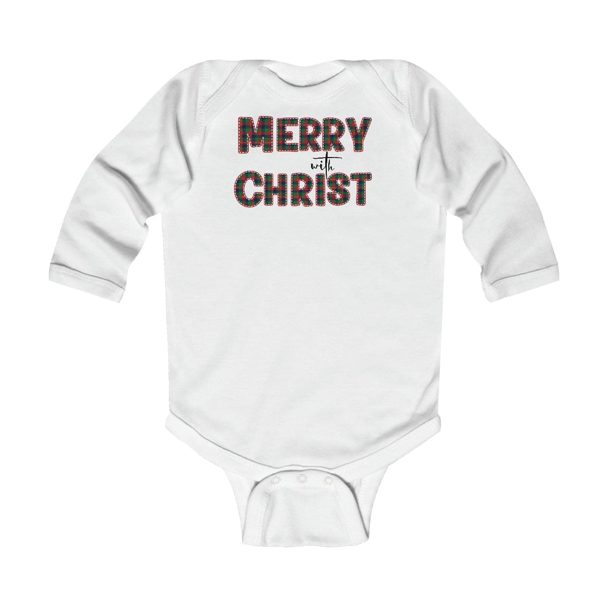 Infant long sleeve bodysuit in red and green plaid with Merry with Christ design, featuring soft cotton fabric and plastic snap closure.