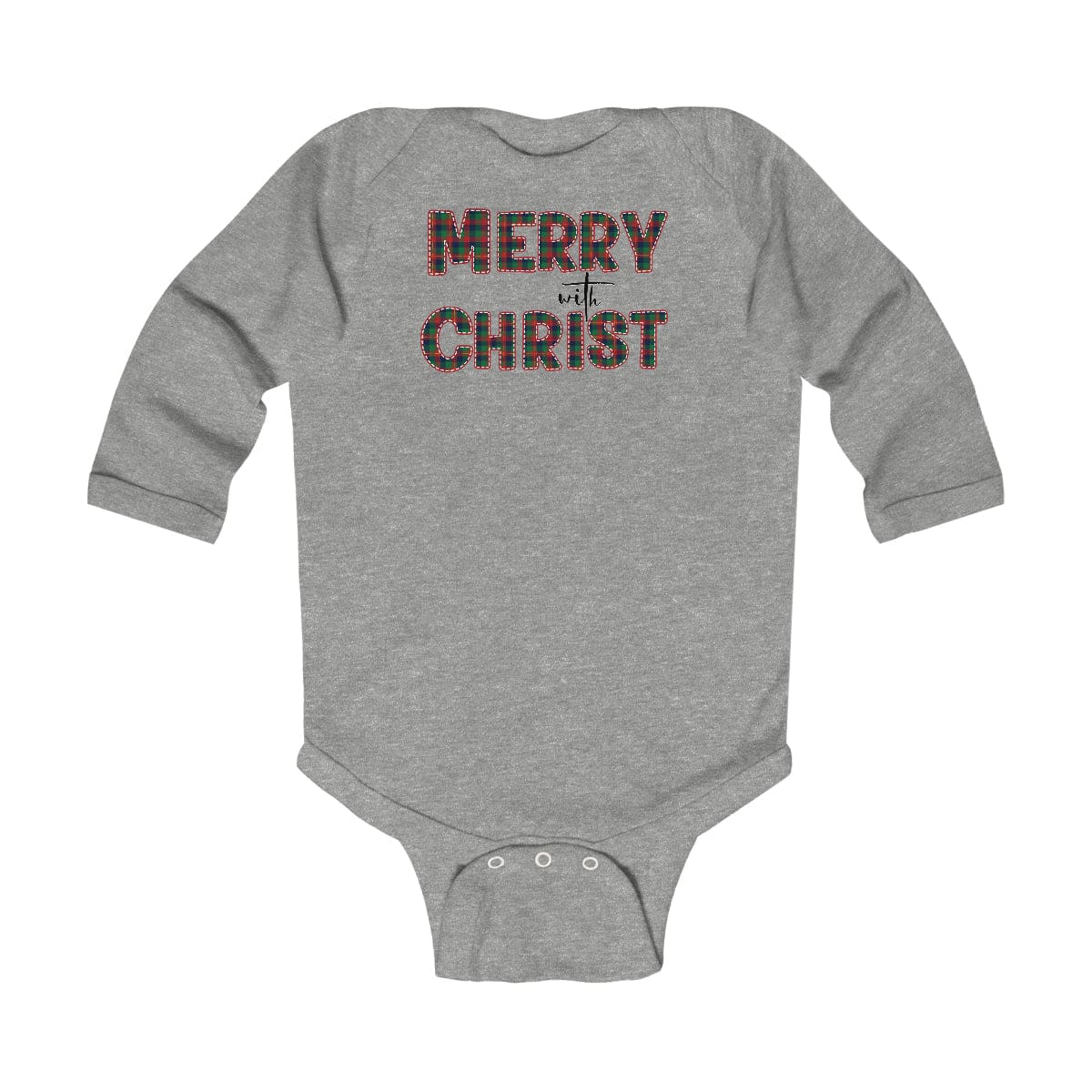 Infant long sleeve bodysuit in red and green plaid with Merry with Christ design, featuring soft cotton fabric and plastic snap closure.
