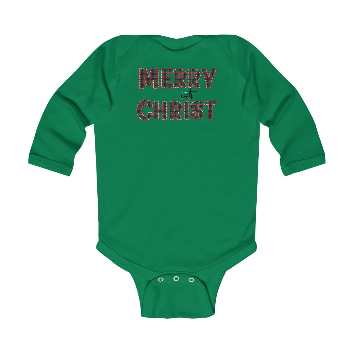 Infant long sleeve bodysuit in red and green plaid with Merry with Christ design, featuring soft cotton fabric and plastic snap closure.