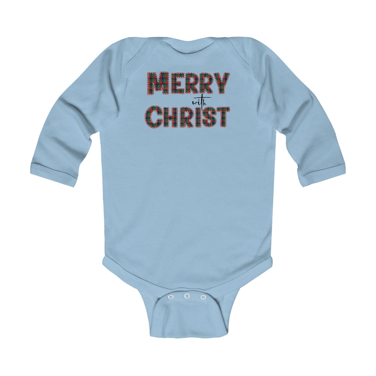 Infant long sleeve bodysuit in red and green plaid with Merry with Christ design, featuring soft cotton fabric and plastic snap closure.
