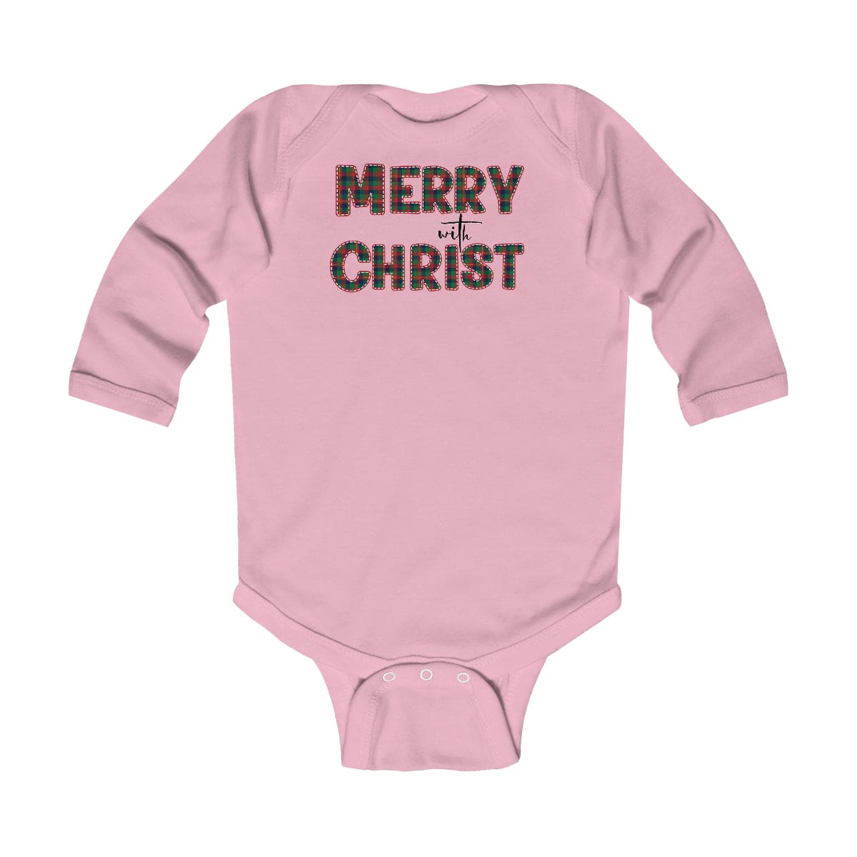 Infant long sleeve bodysuit in red and green plaid with Merry with Christ design, featuring soft cotton fabric and plastic snap closure.