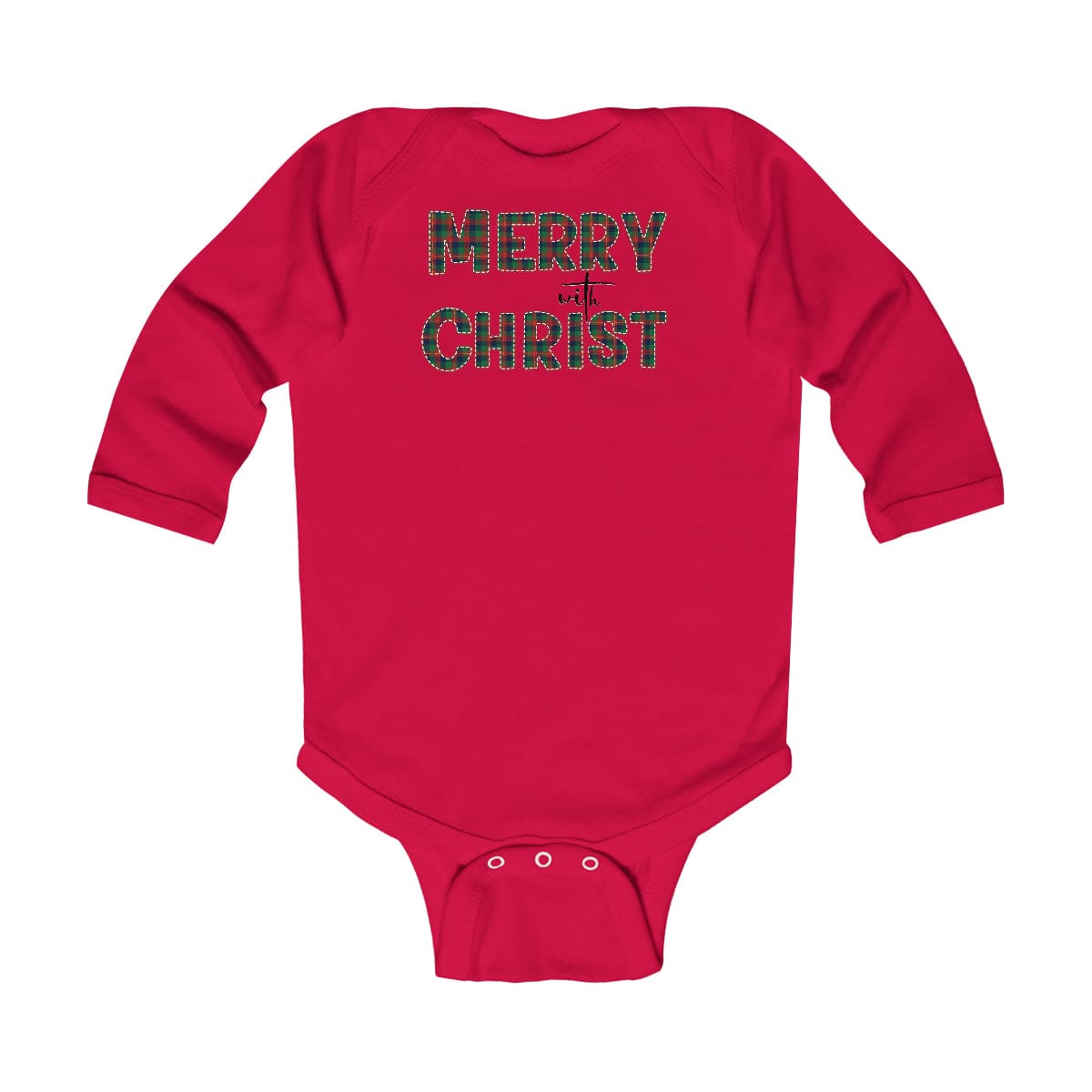 Infant long sleeve bodysuit in red and green plaid with Merry with Christ design, featuring soft cotton fabric and plastic snap closure.