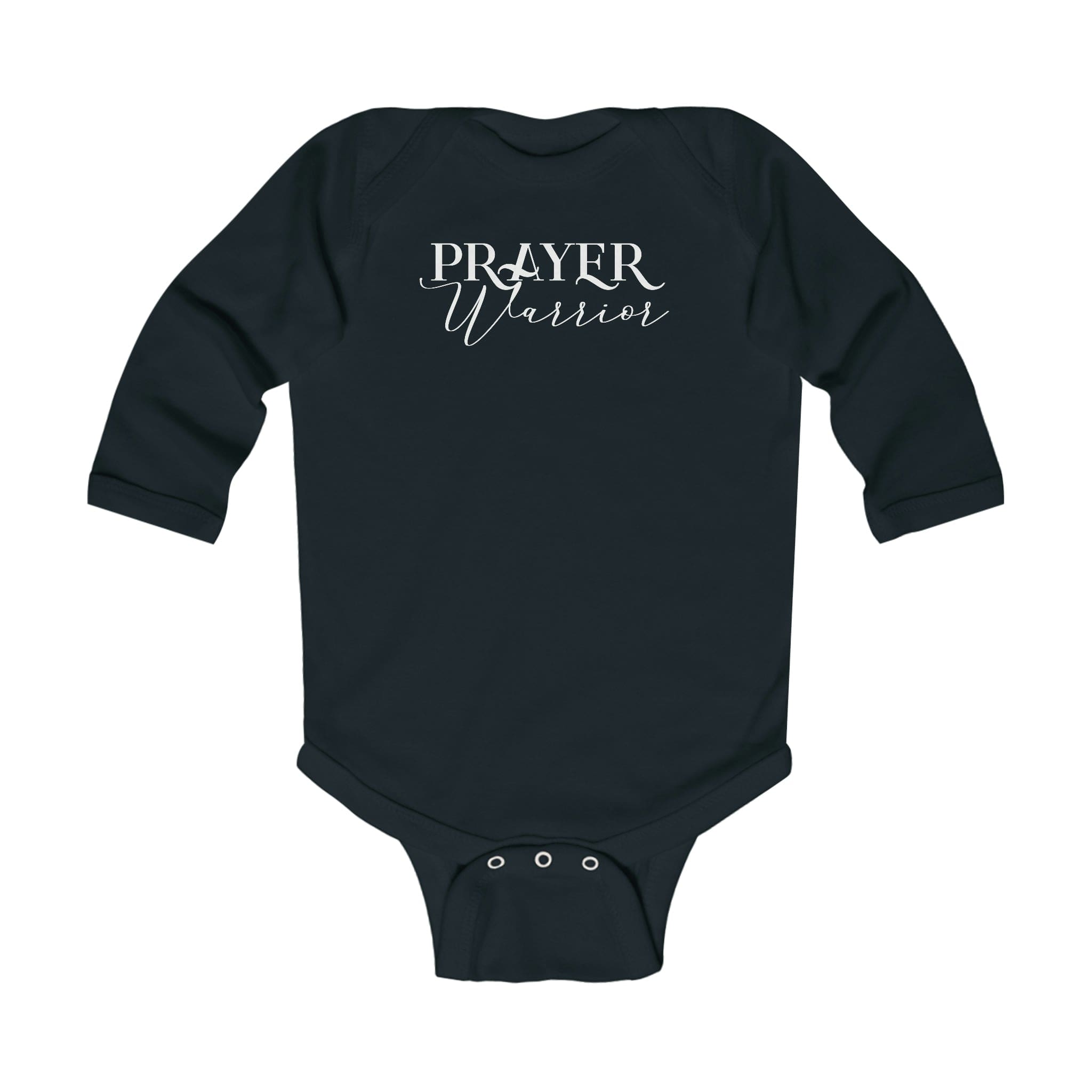 Infant Long Sleeve Bodysuit featuring a Prayer Warrior design, made from soft cotton with snap closures.