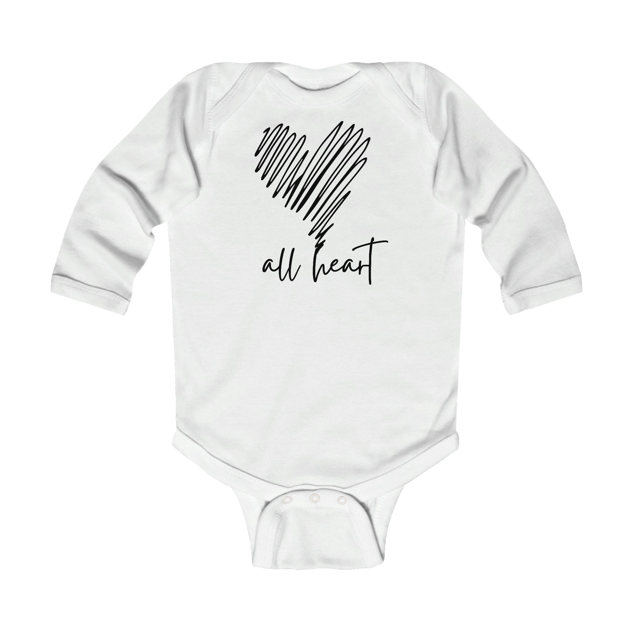 Infant long sleeve bodysuit in black with heart line art design, featuring plastic snaps for easy changing.