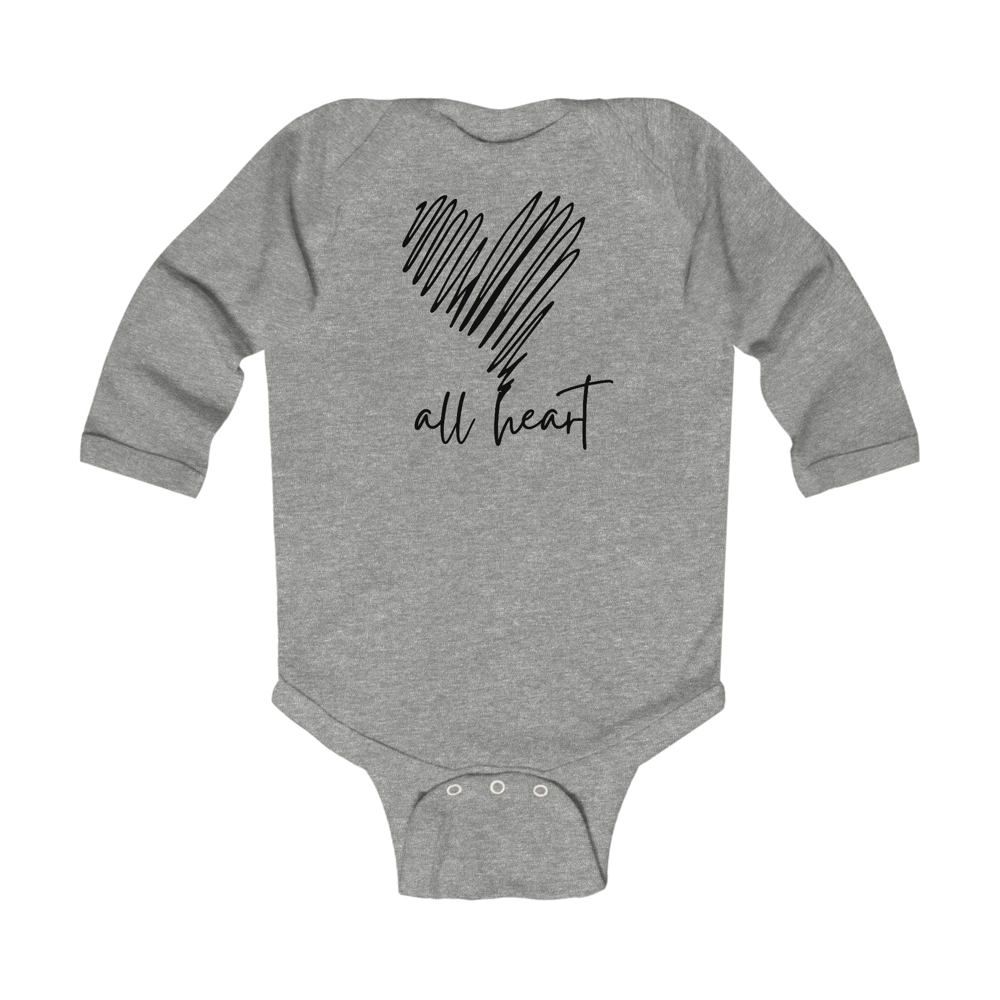 Infant long sleeve bodysuit in black with heart line art design, featuring plastic snaps for easy changing.